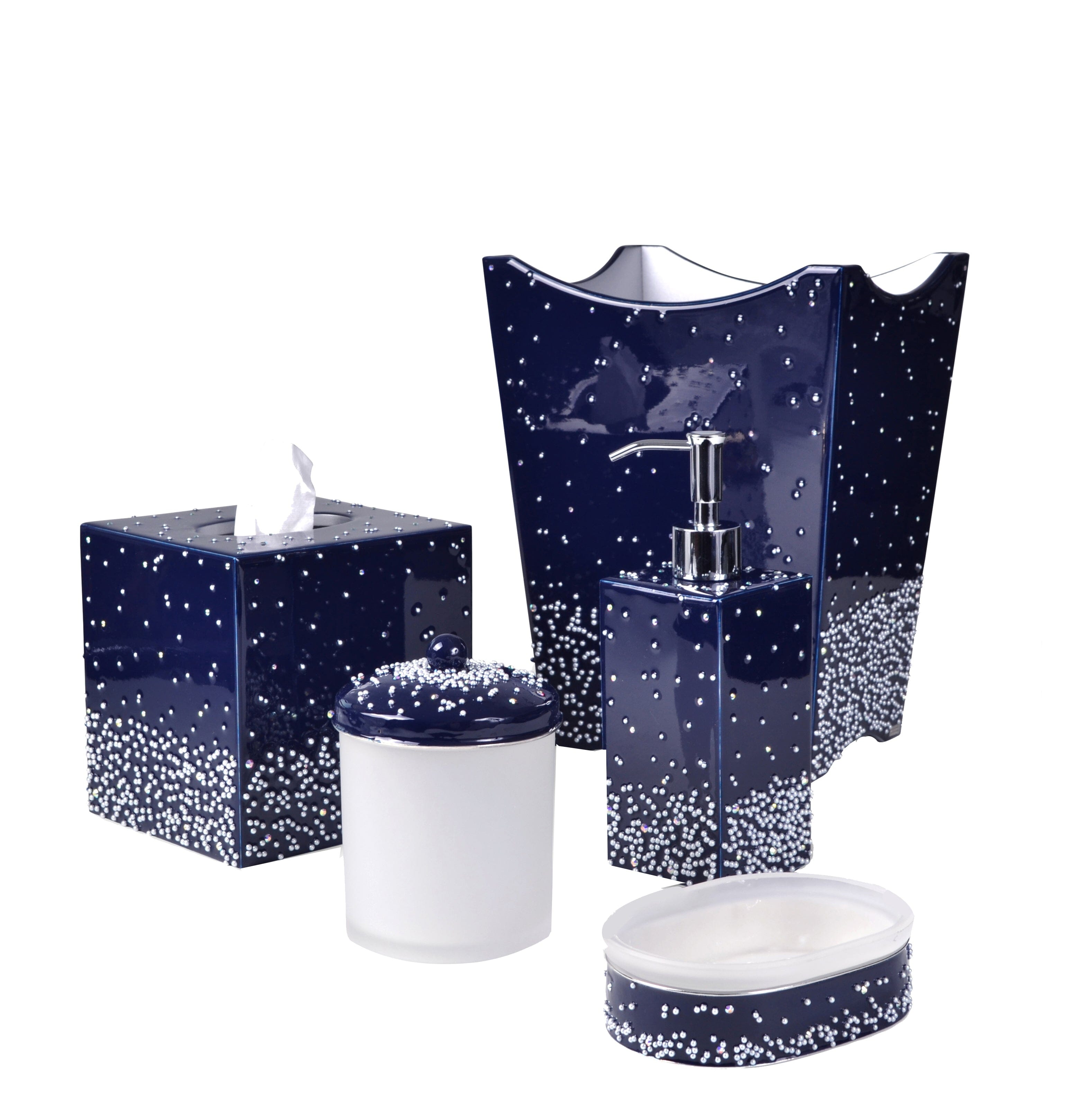 Navy Blue bath accessories sprinkled on all sides with tiny white pearls
