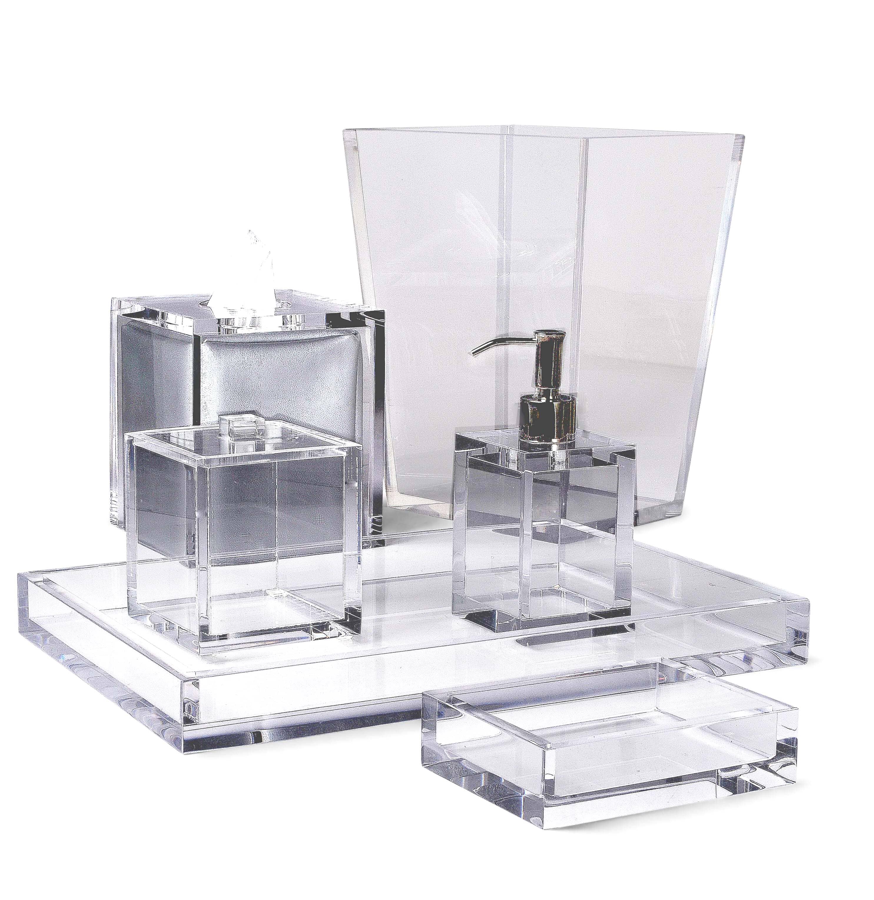 Contemporary bath accessories hand crafted in clear Lucite