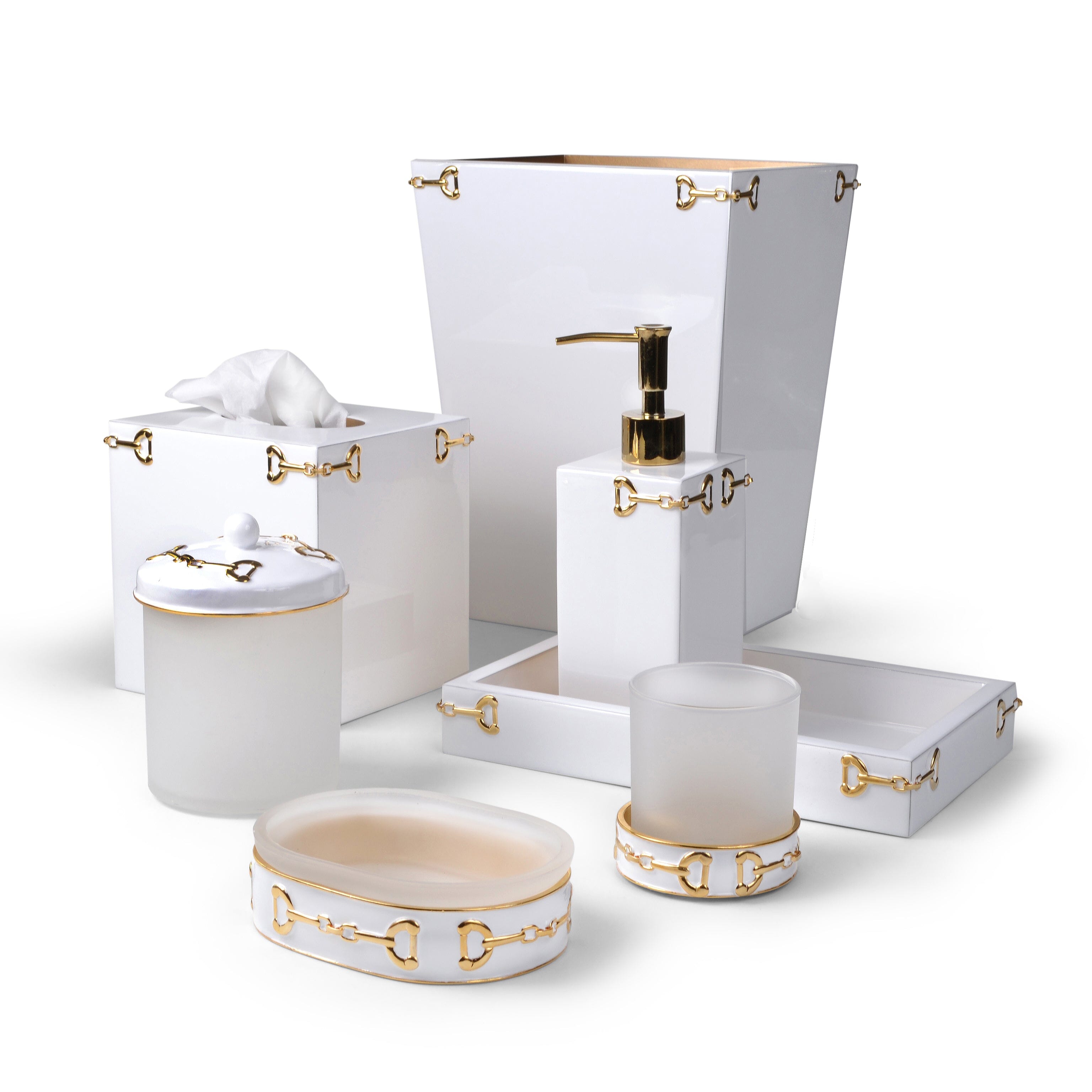 Pure White bath set with iconic gold stirrup metal corner ornaments