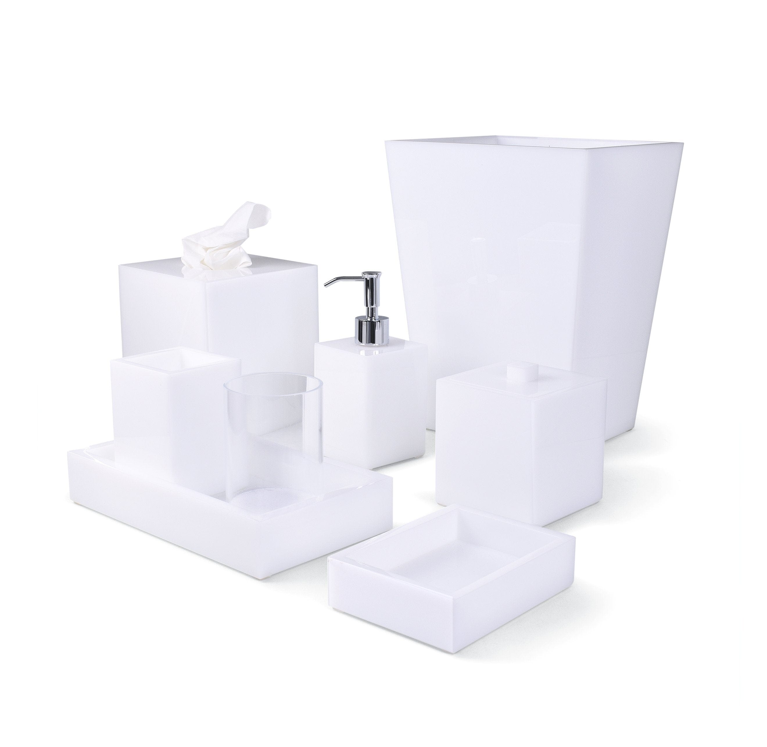 Clean and minimal white lucite bath accessories