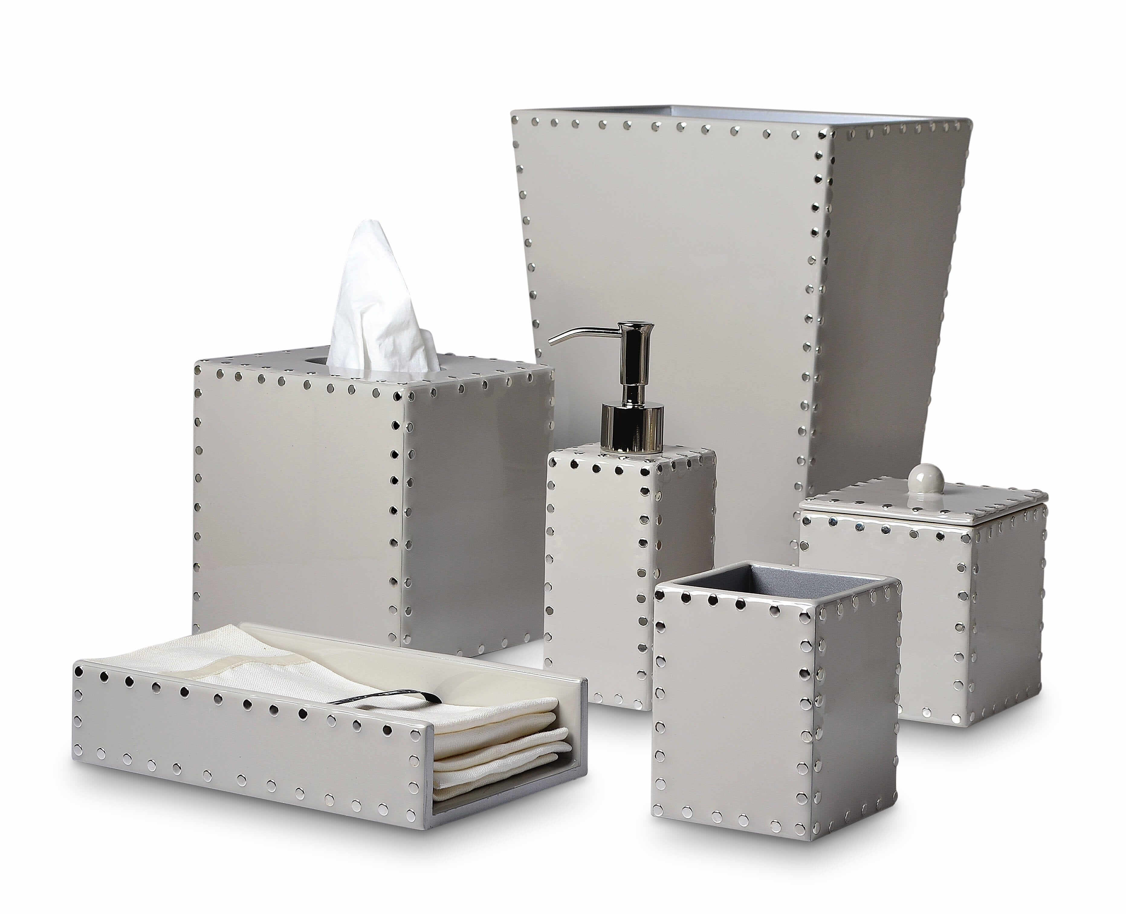 Handsome bath accessories with silver metal stud trim