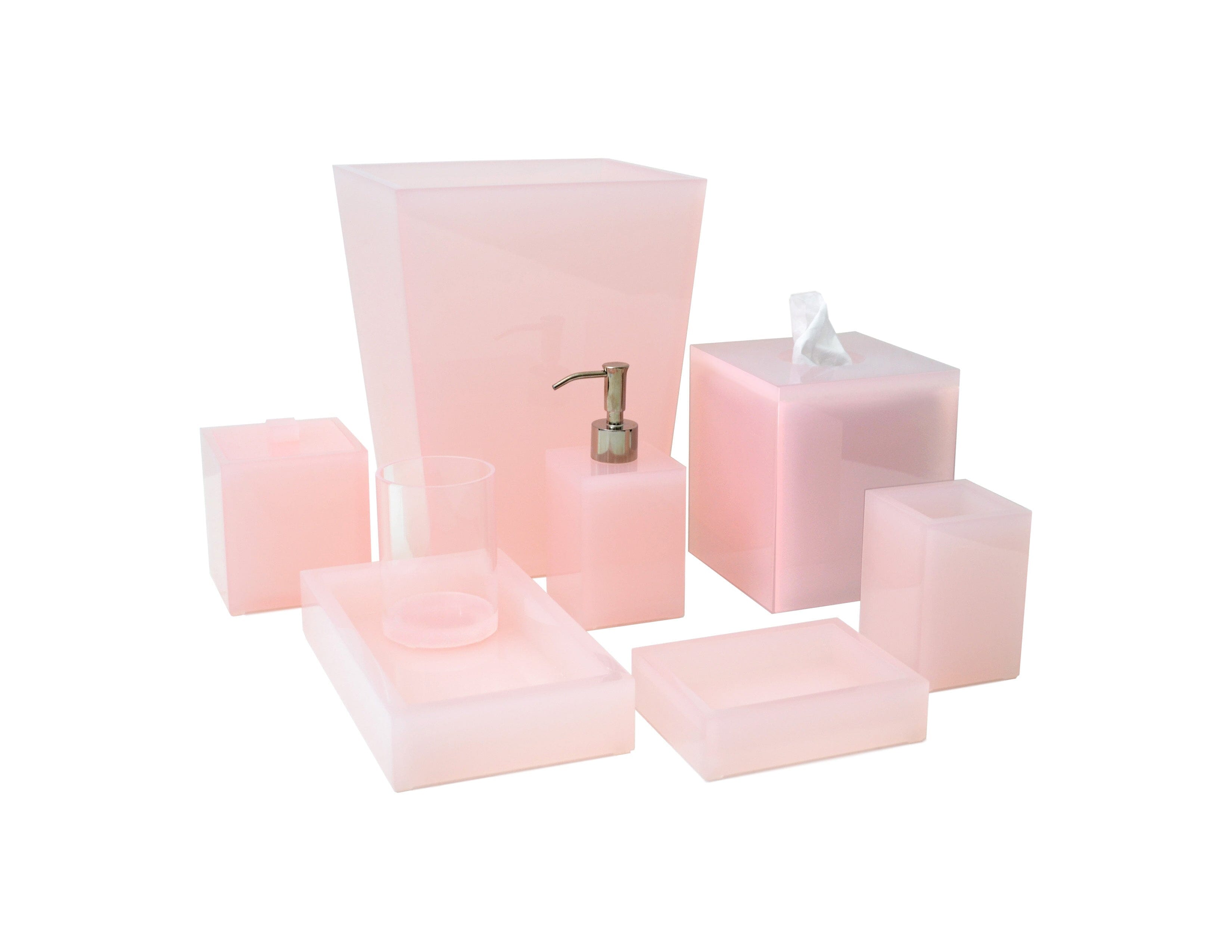Pink tinted Lucite bath accessories