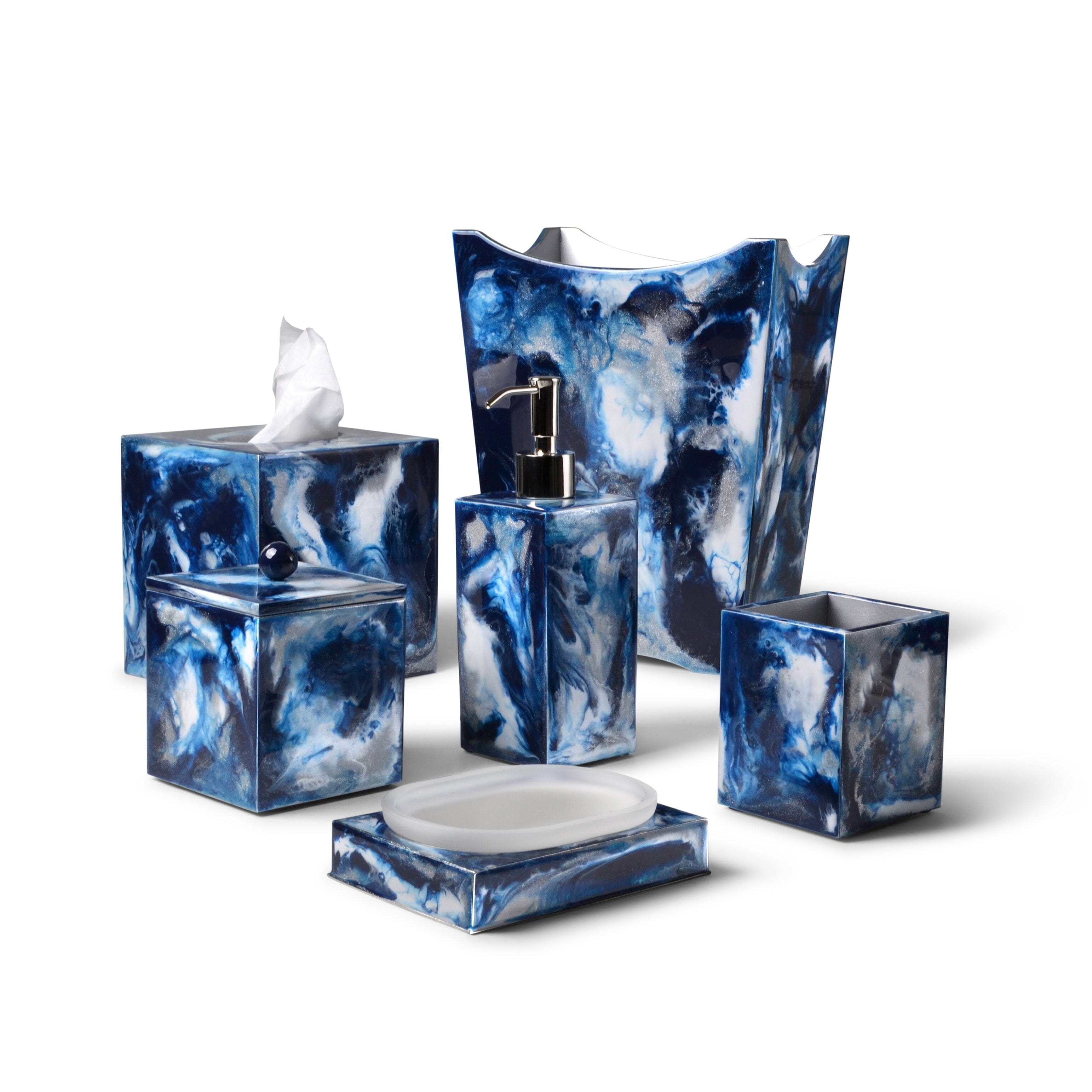 Luxury bath accessories hand made by local artisans using a melange of blue water colors