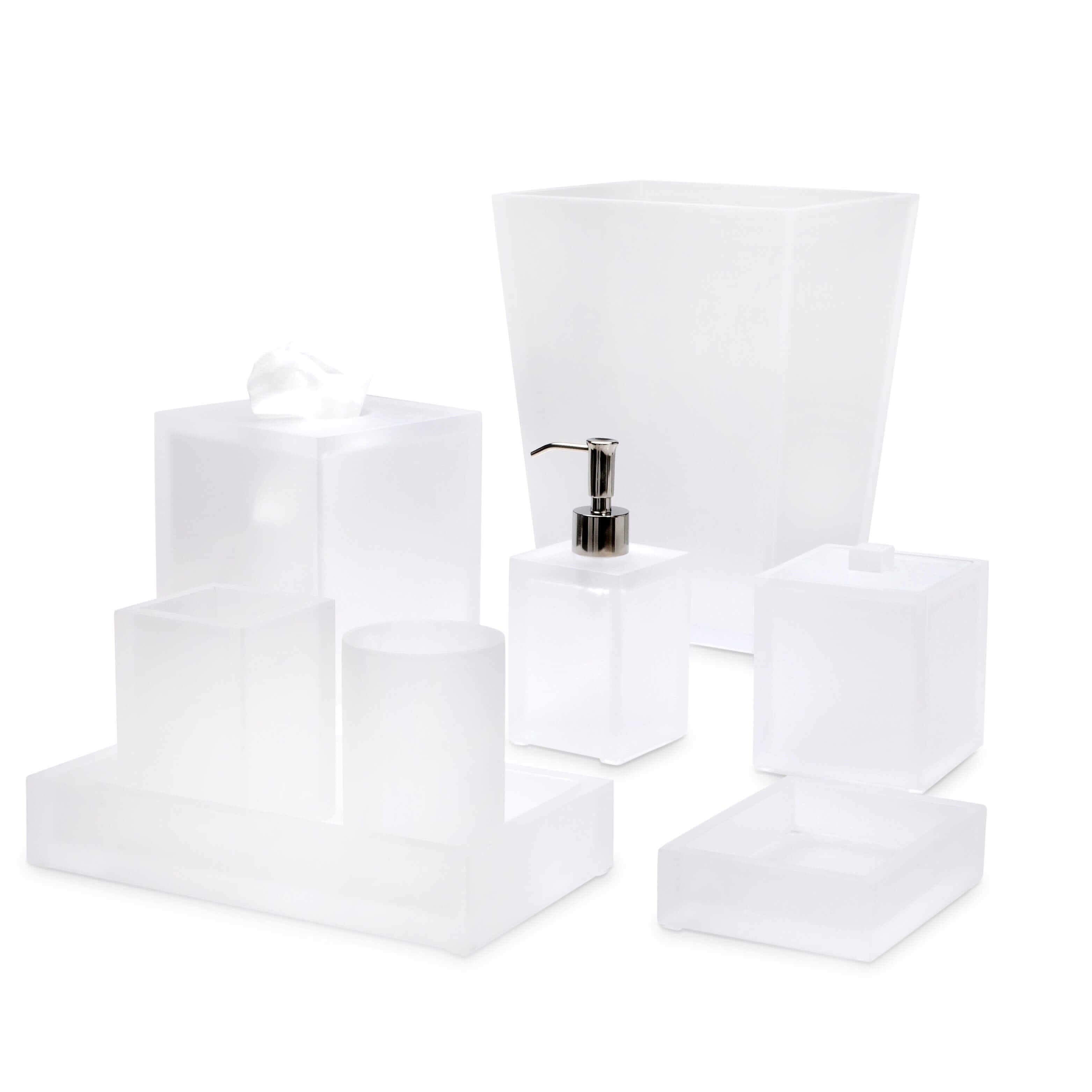 Lucite bath accessories with a modern frosted finish