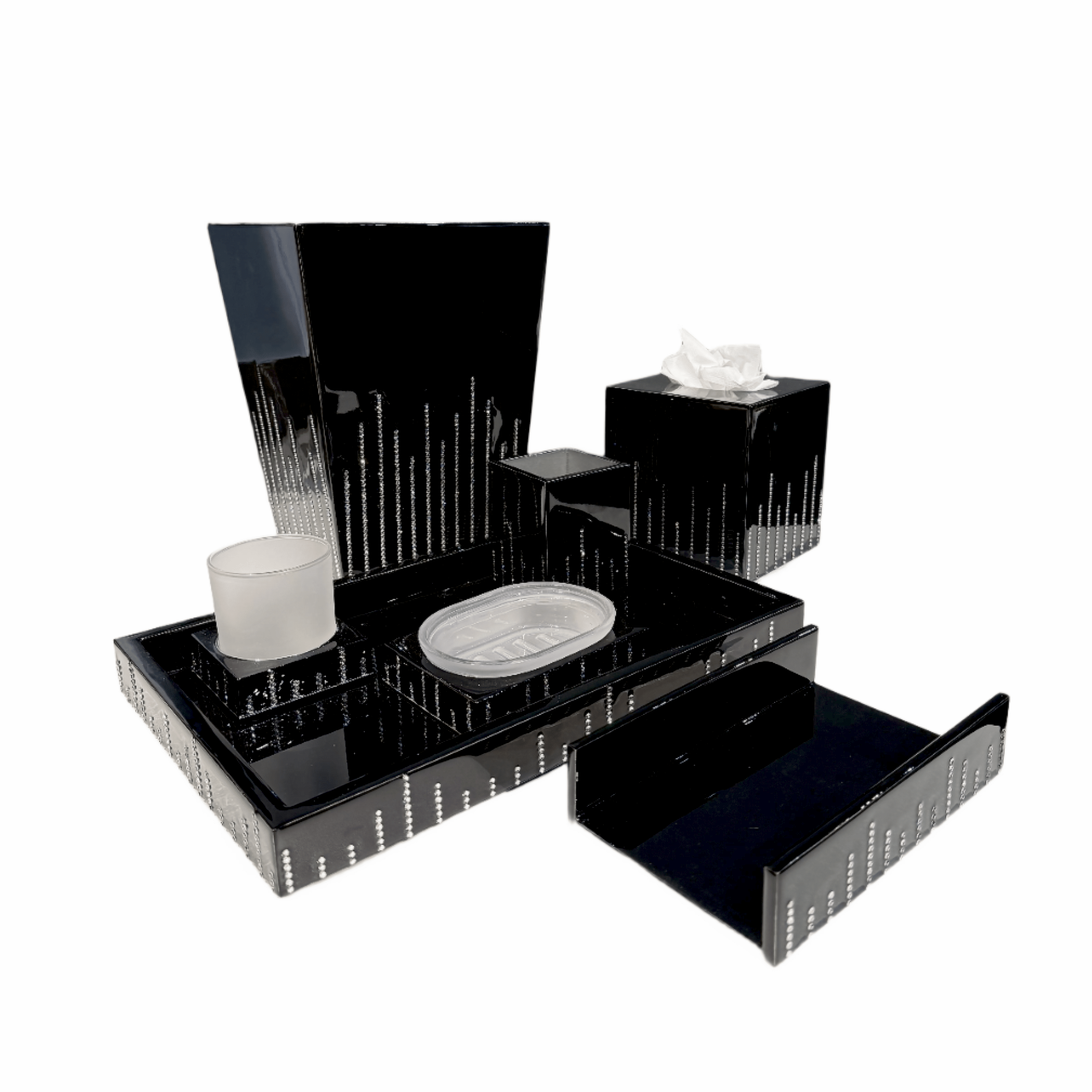 Bath set adorned with lines of crystals.