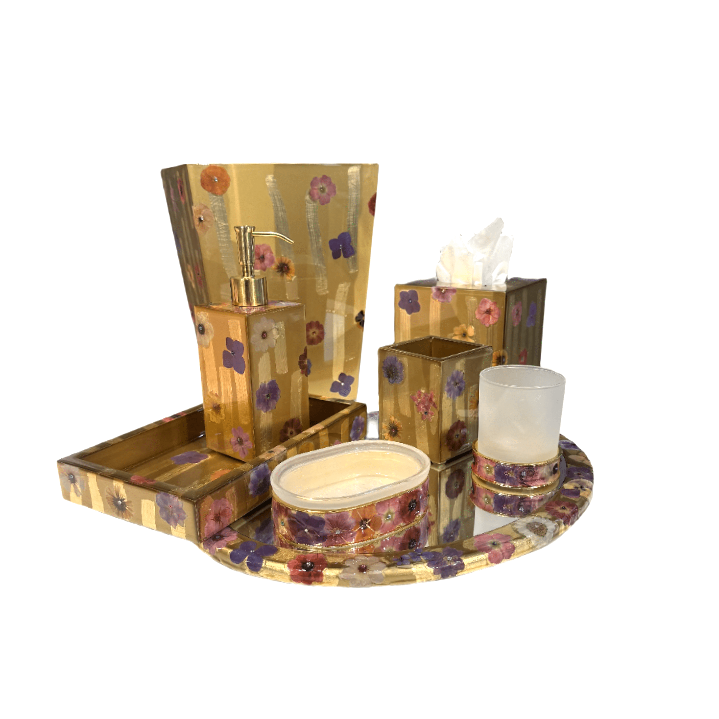 Decorative bathroom accessory set with floral design.