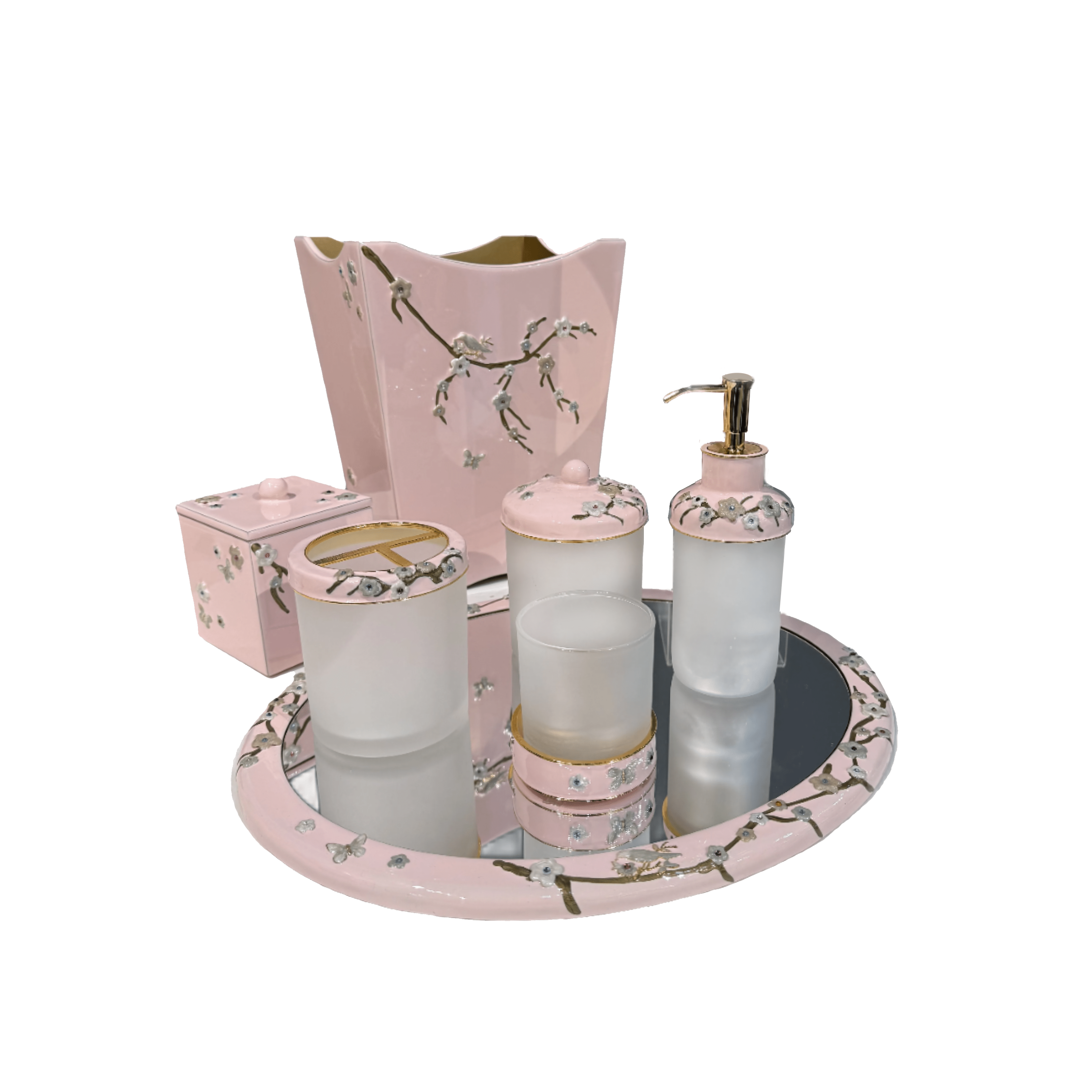 Bathroom accessory set with pink and gold decorative Asian elements.