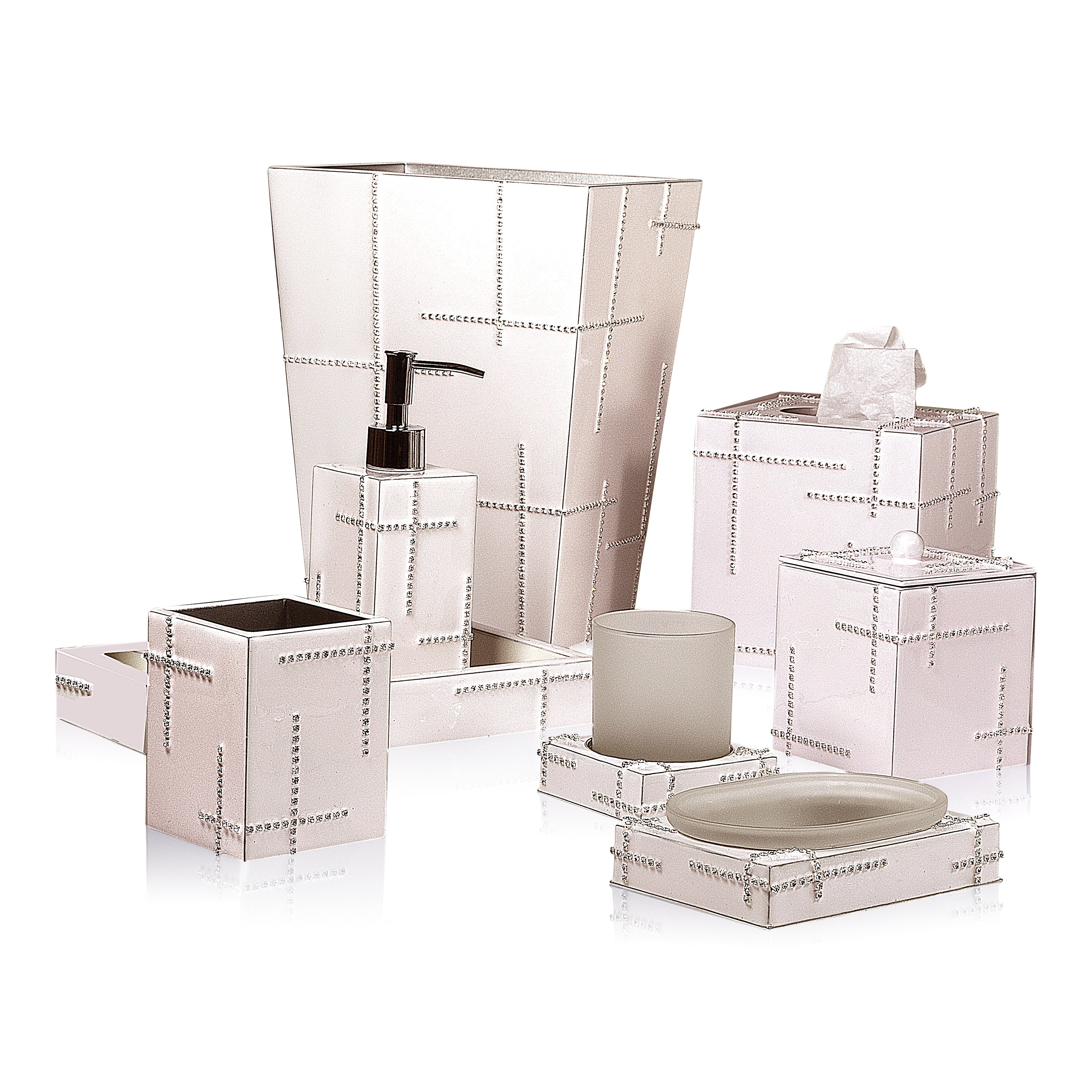 Complete bath set hand enameled in pink with rhinestone chain.