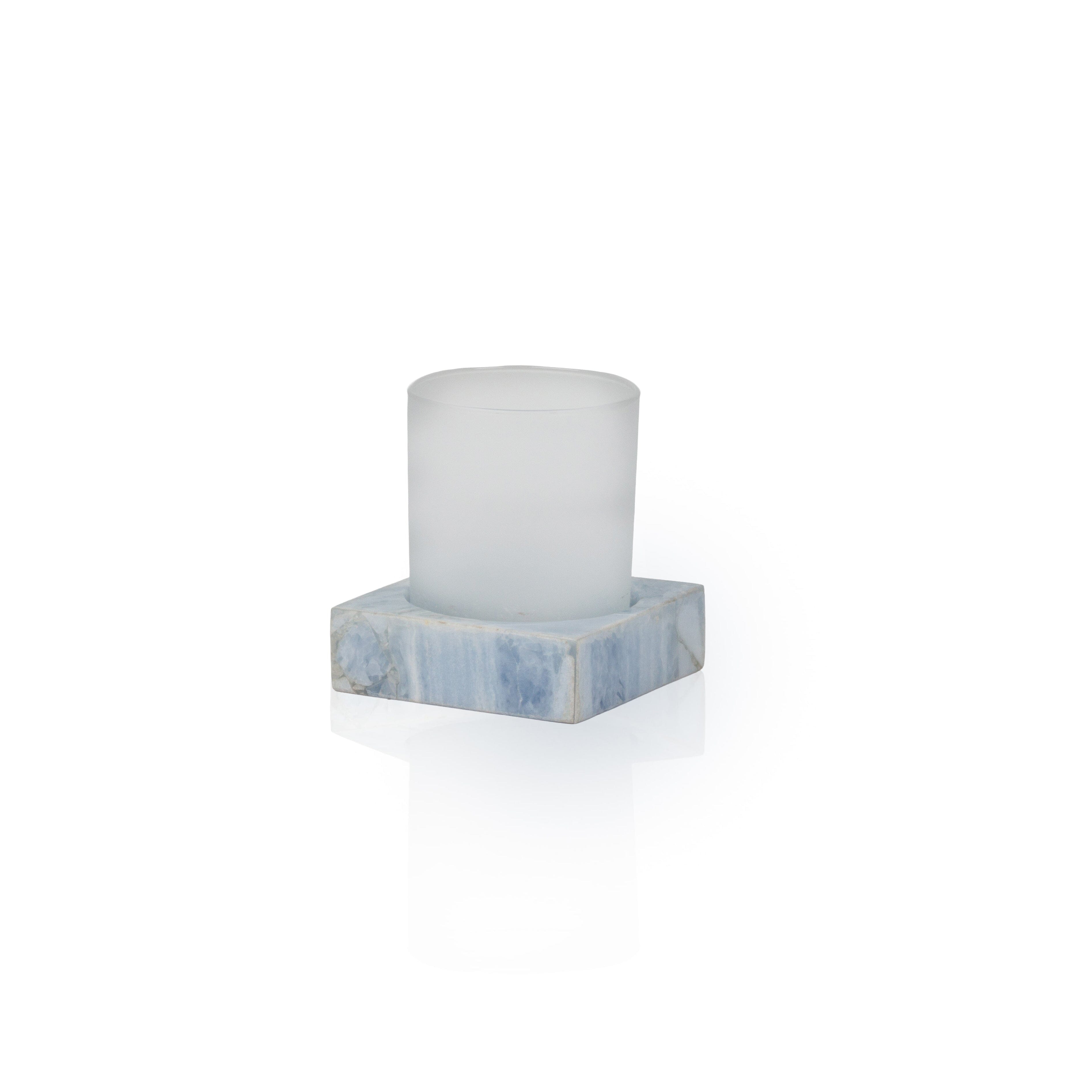 Glass tumbler with blue calcite base