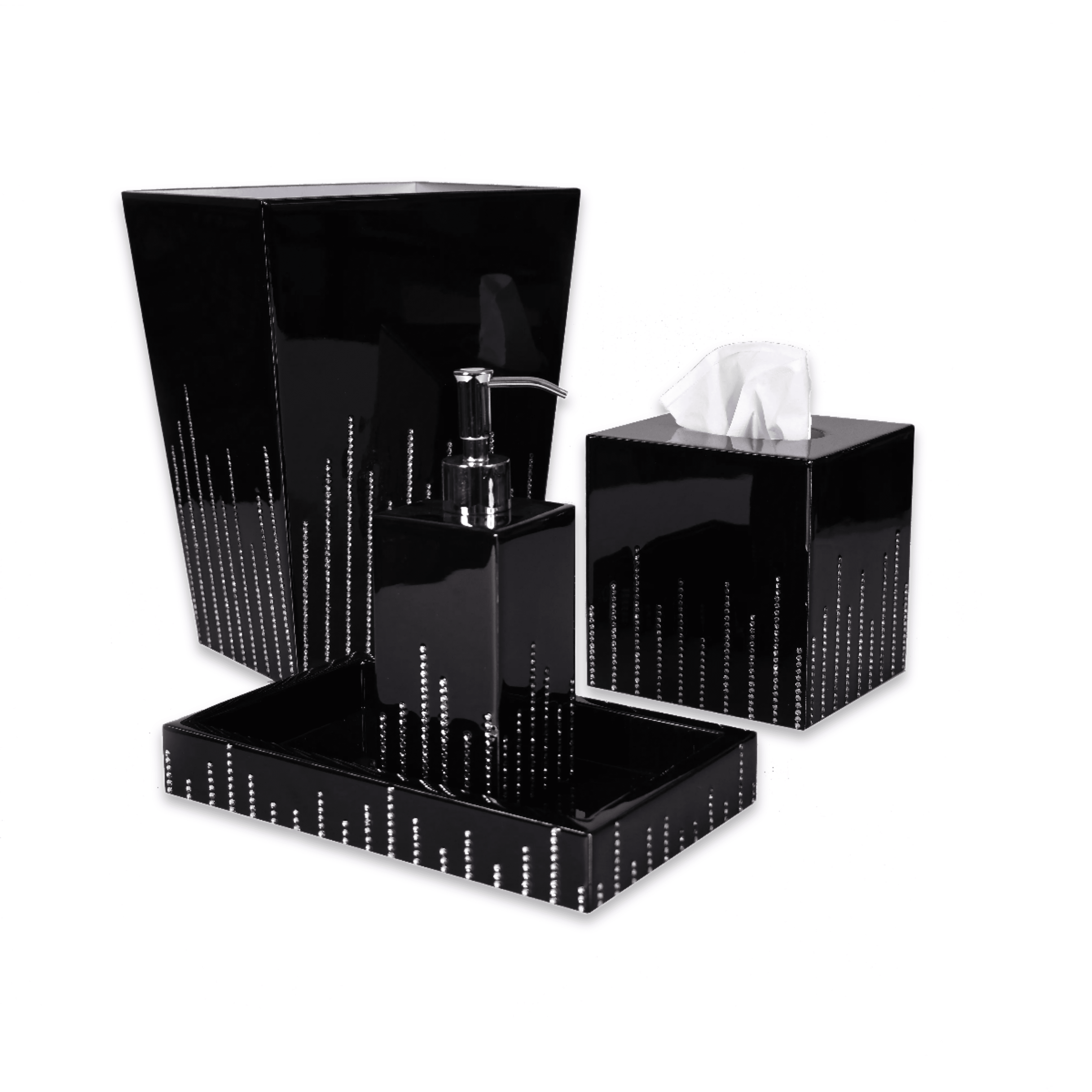 Black set adorned with linear pattern of crystals.