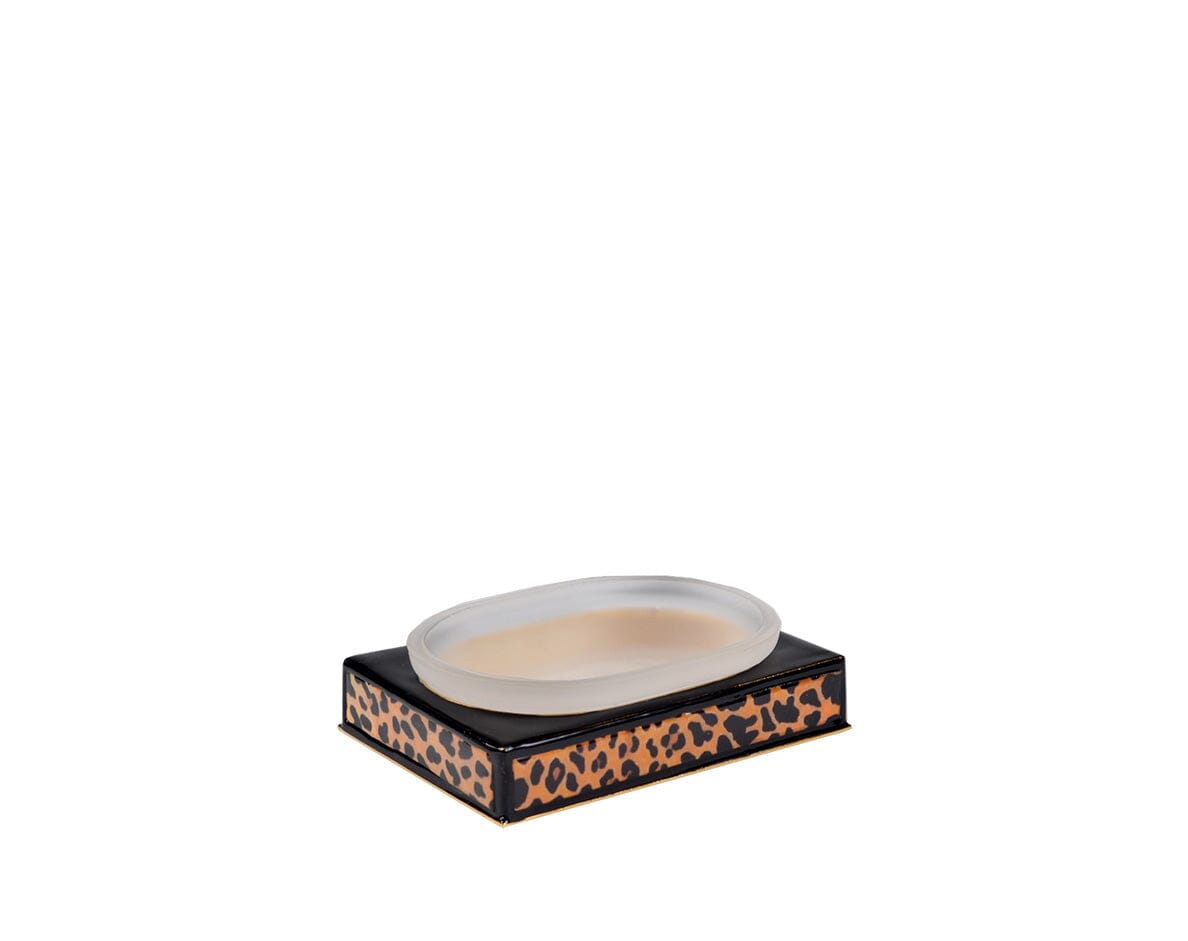 Rectangular glass soap dish wrapped in leopard pattern and black trim.