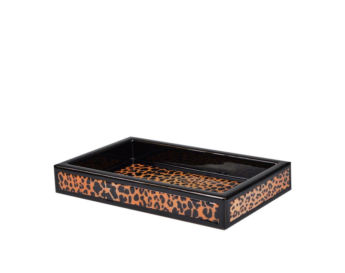 Small vanity tray wrapped in leopard patten and black trim.