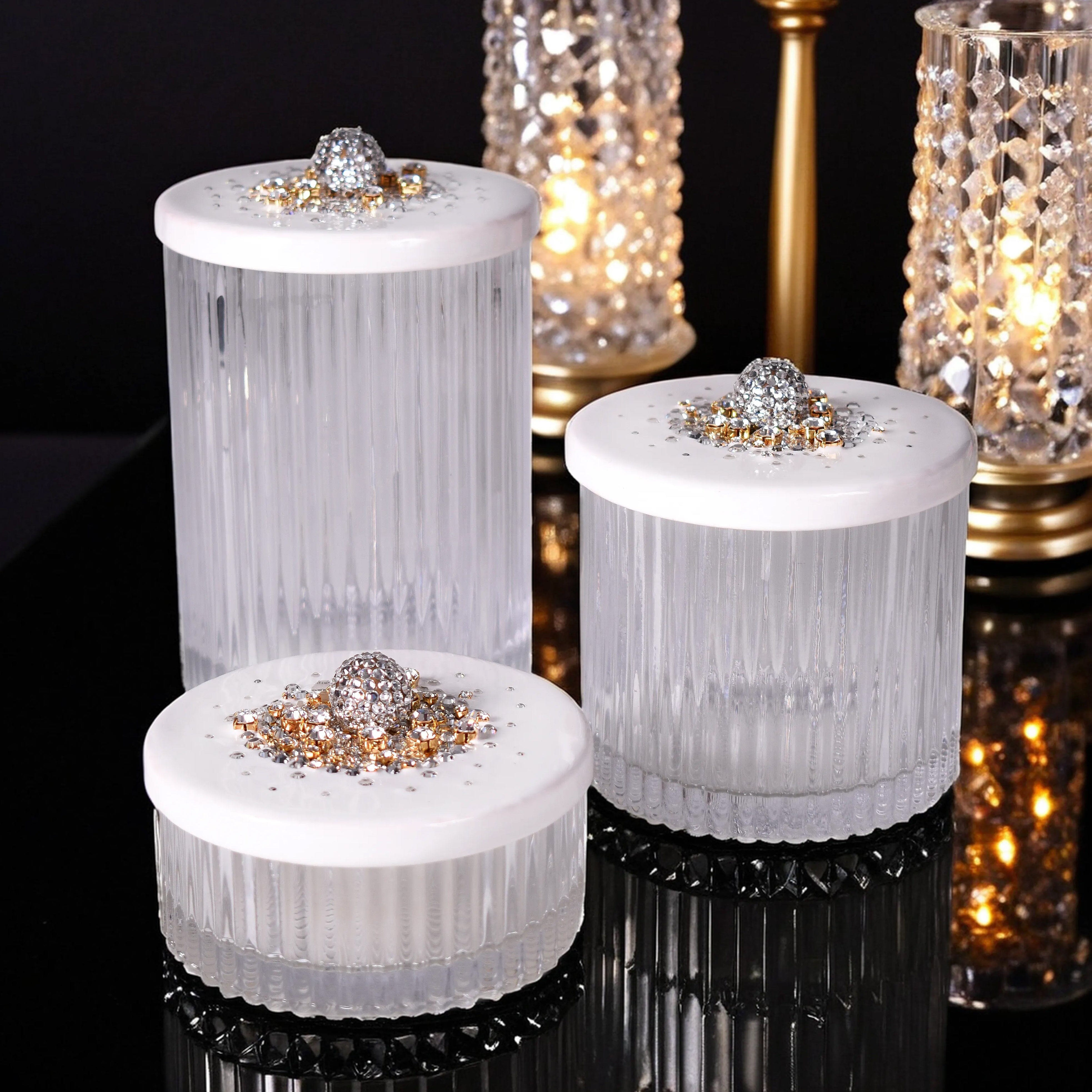 Glass jars with hand enameld blue lids adorned with Austraian crystals