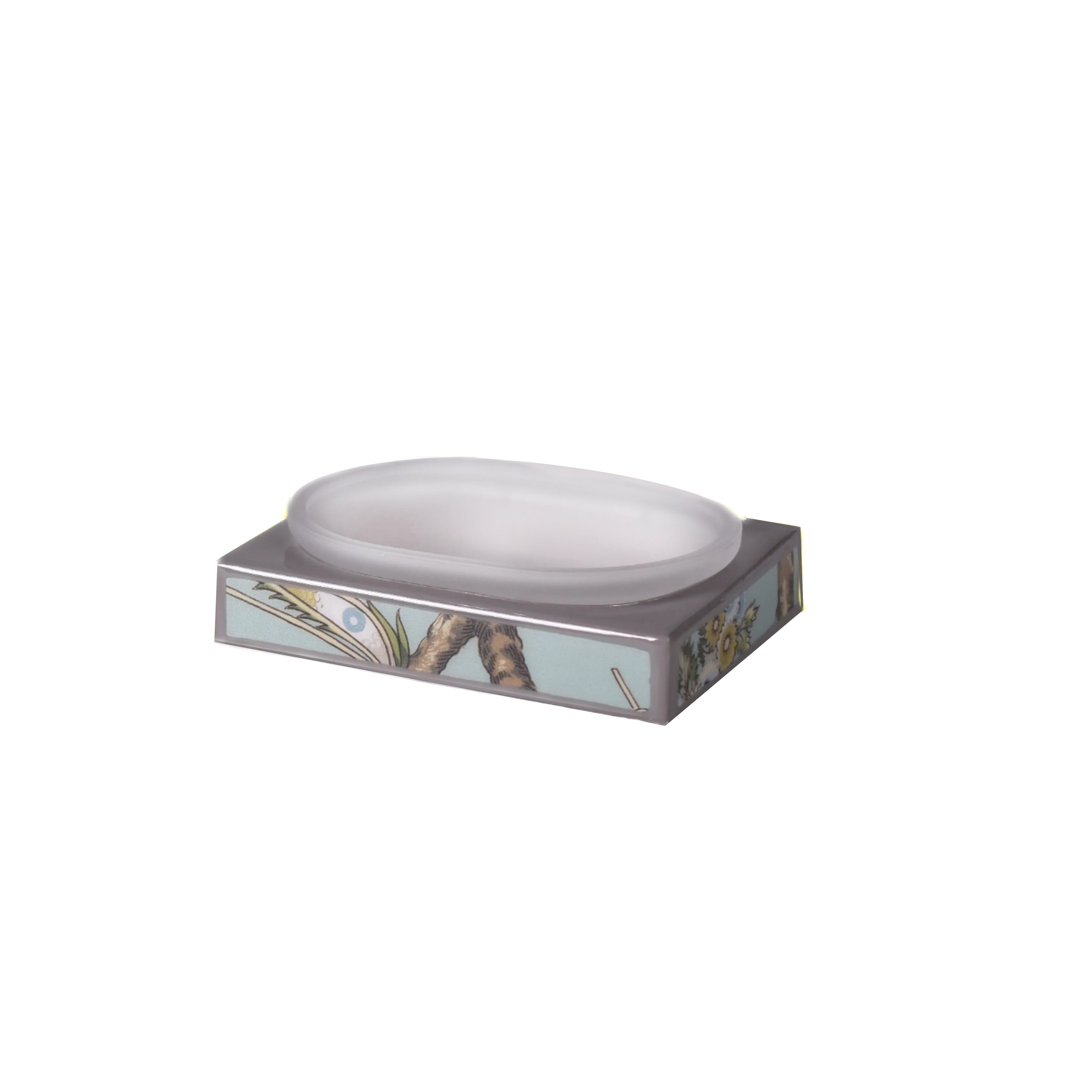 glass soap dish with patterned metal base