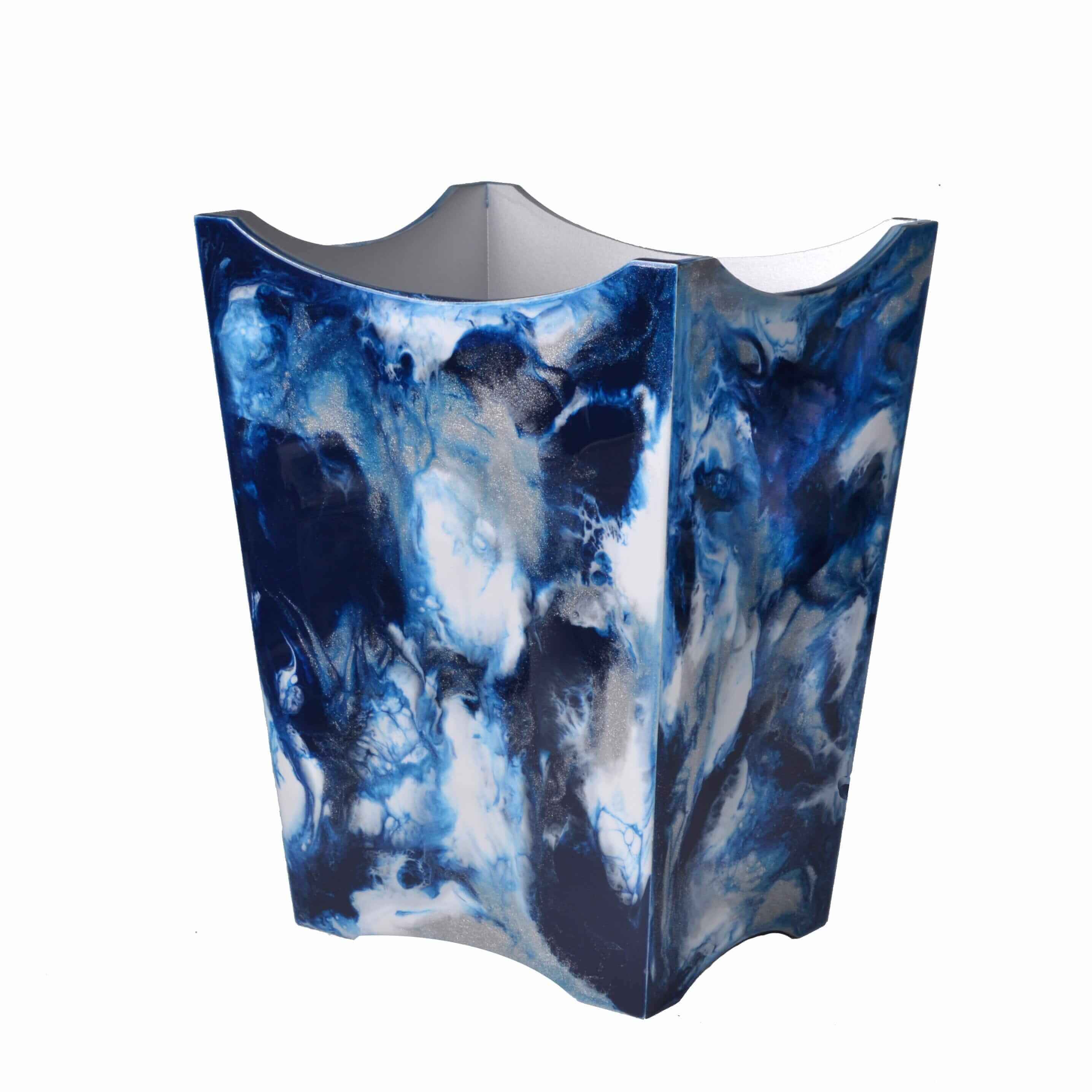 Scalloped wastebasket in water color effect with tints of blue