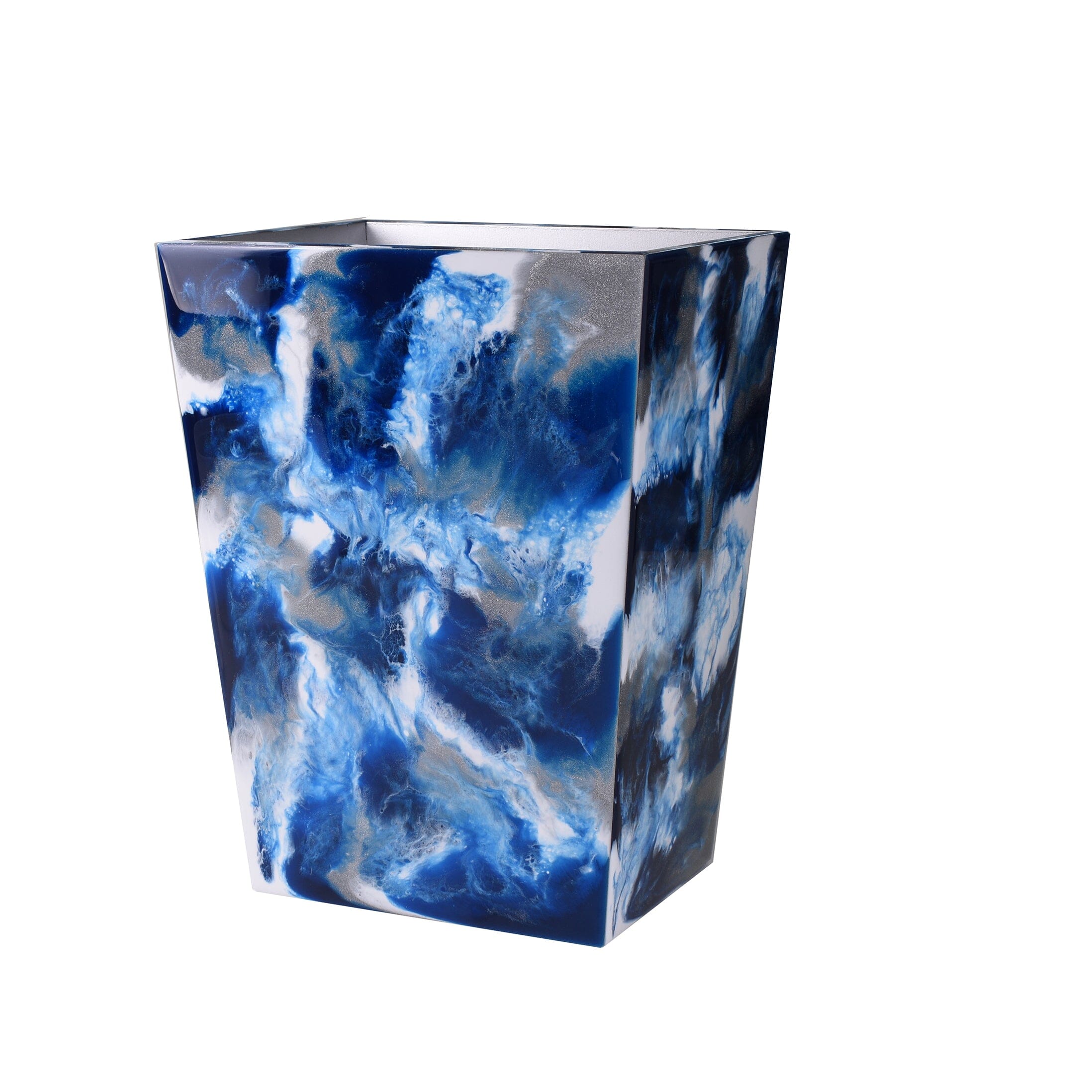 A blend of blue watercolors wastebasket