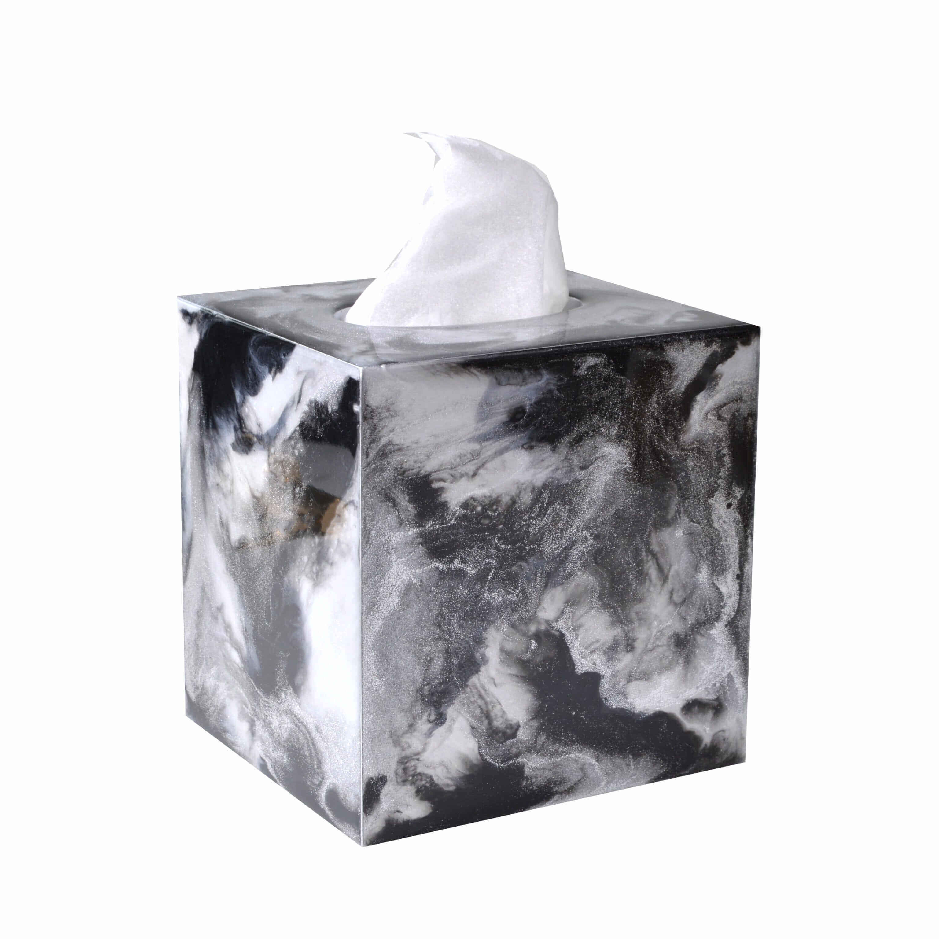 Tissue boutique hand enameled in black and silver water color effect.
