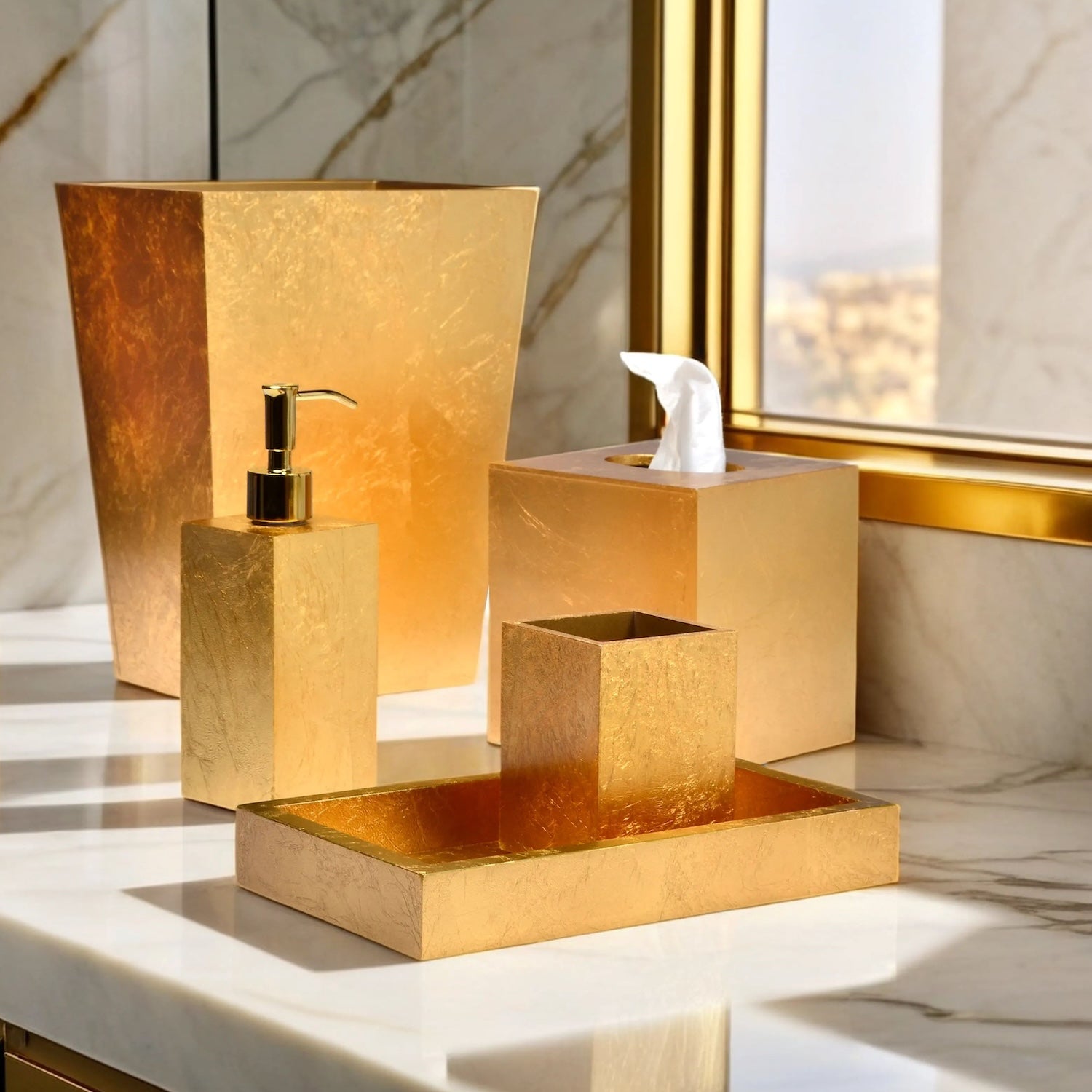 Eos Gold Leaf Bathroom Accessories in beautiful marble bathroom