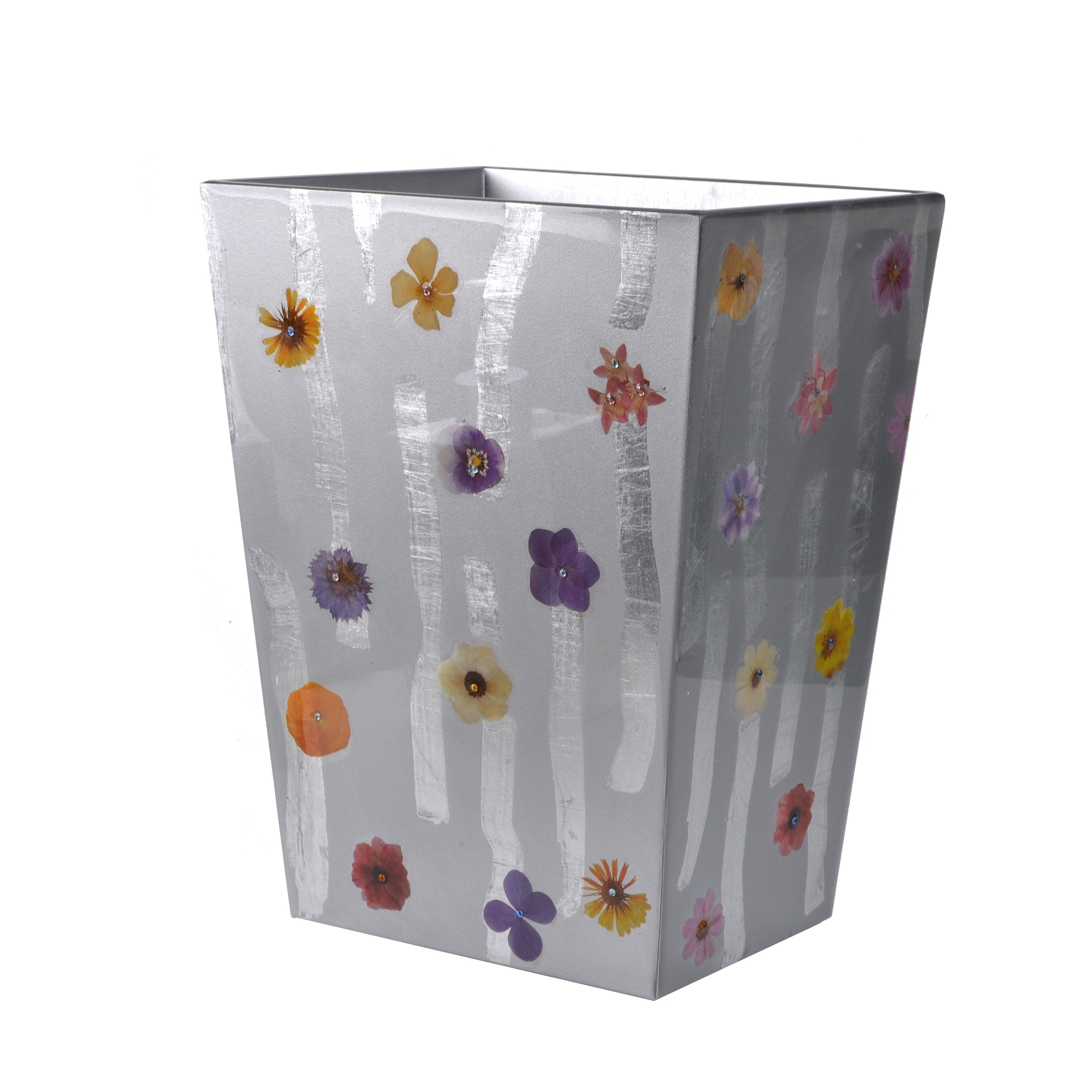 Straigt wastebasket adorned with wildflowers on silver