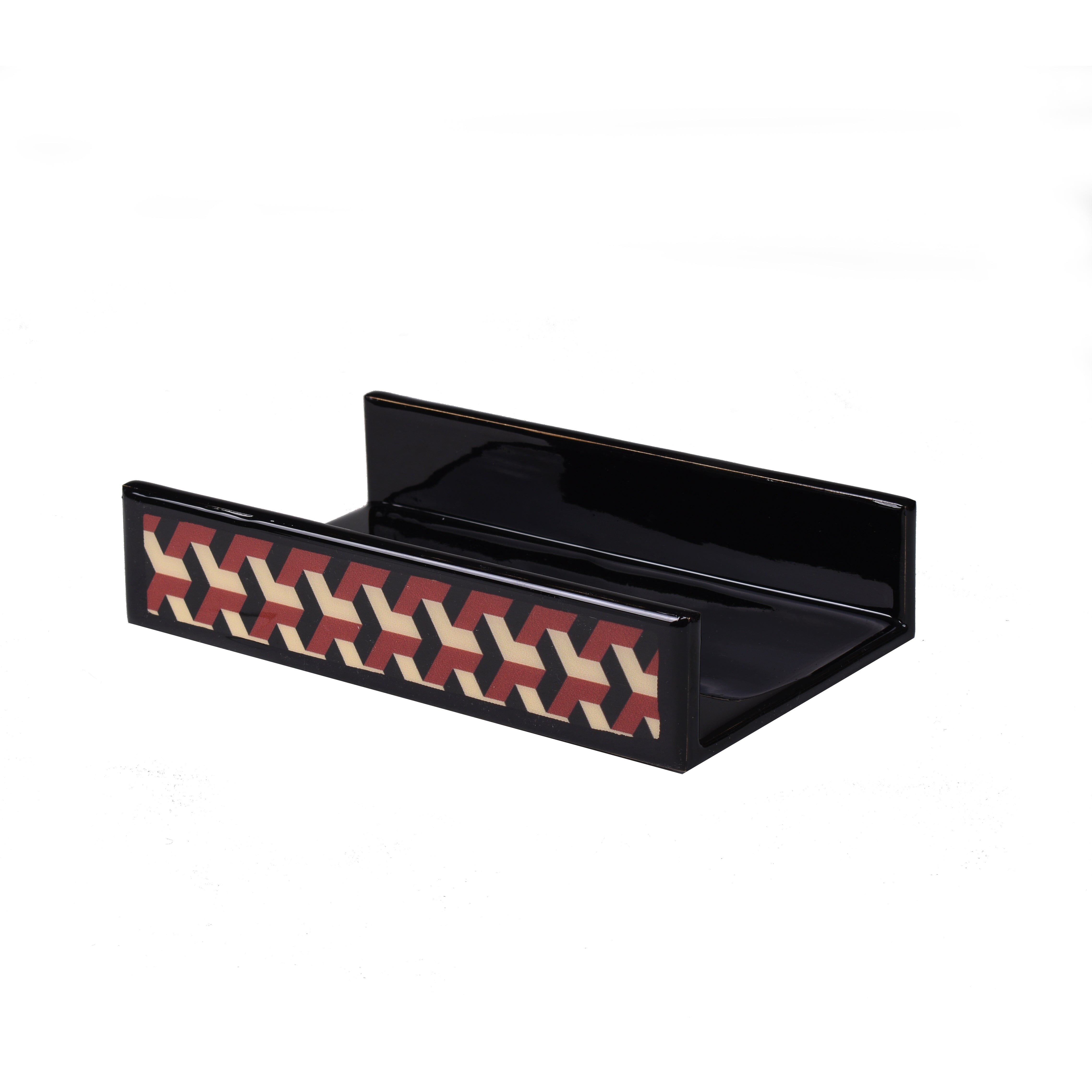 Black rectangular flat towel holder with geometric pattern