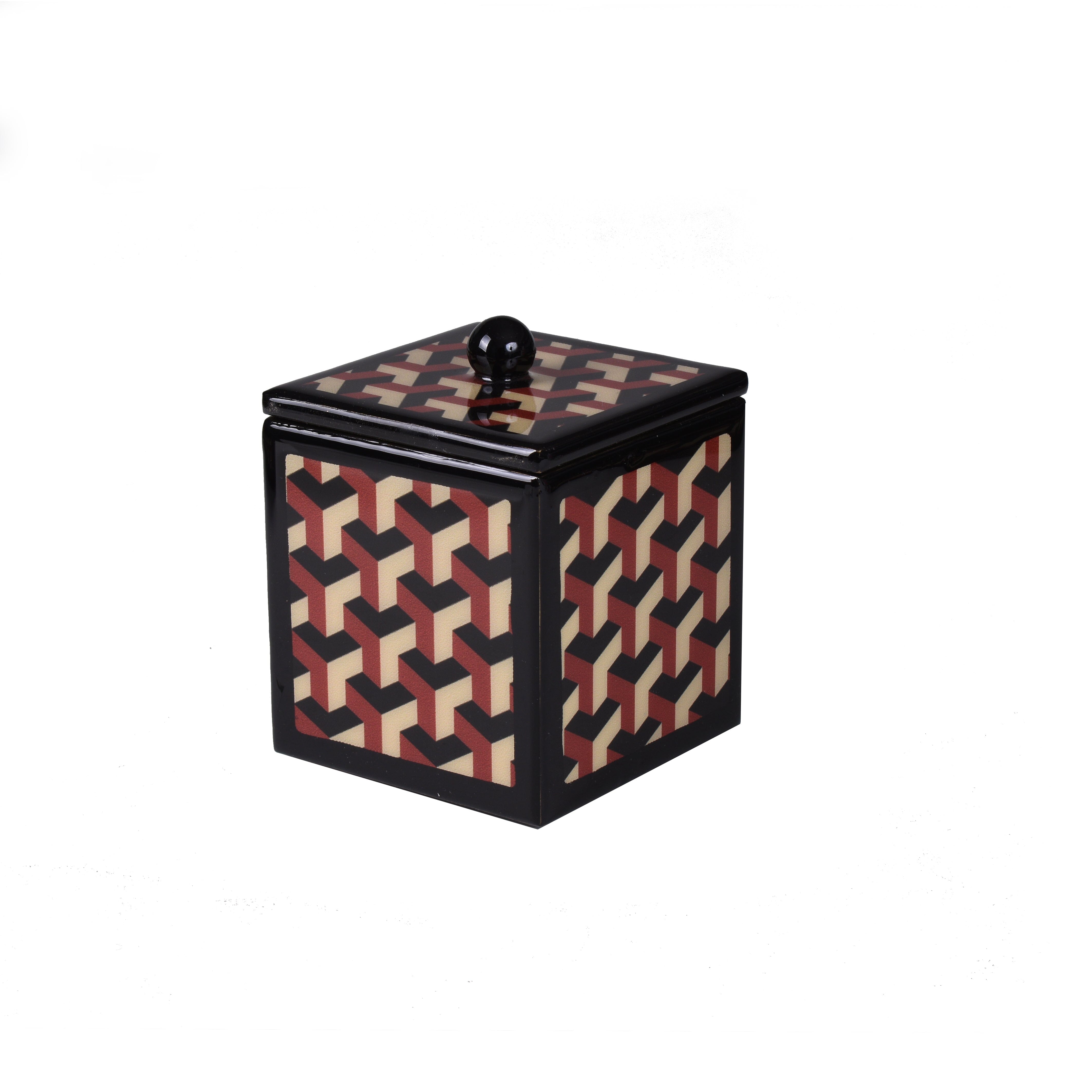 container with lid decorated with iconic chevron pattern