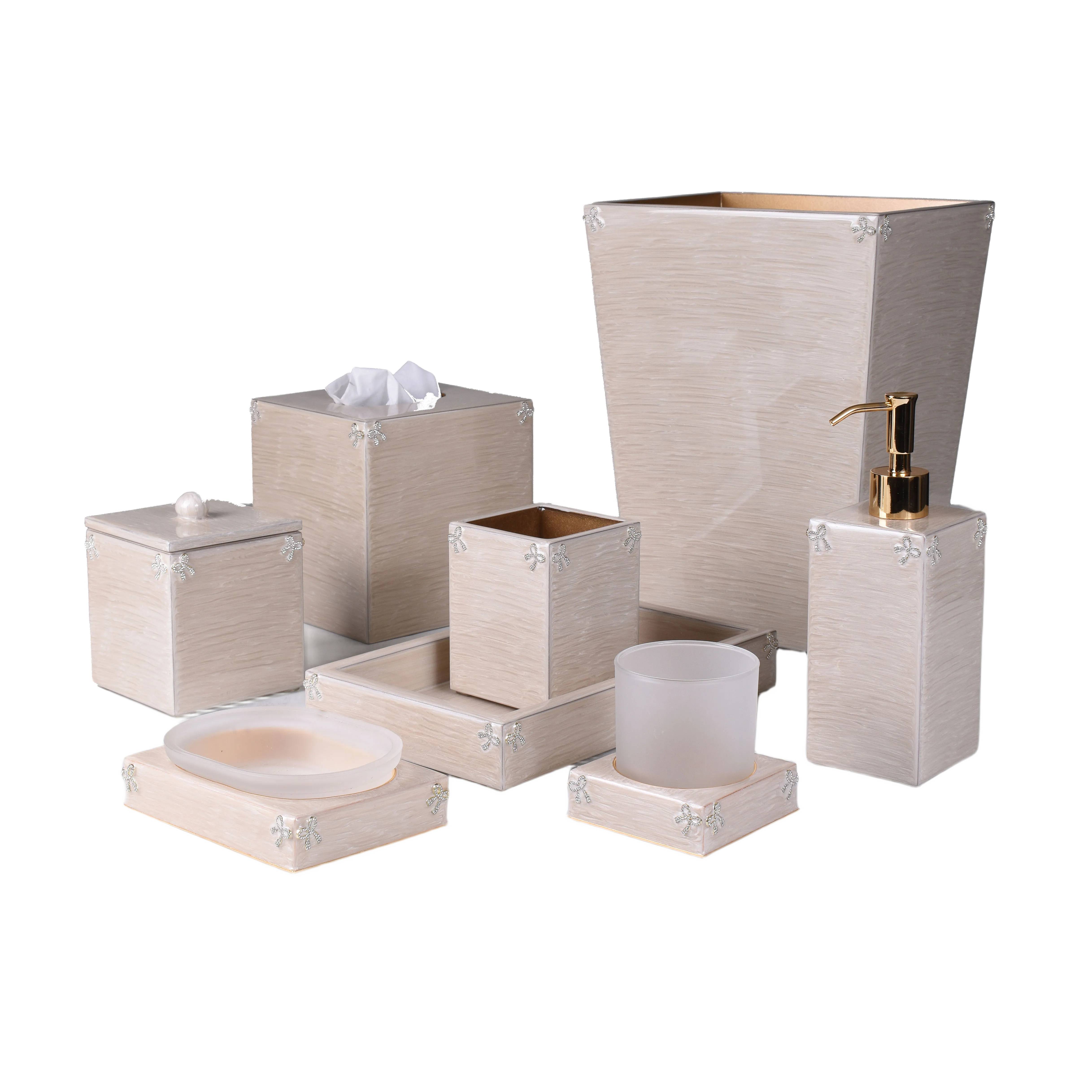 complete bath set hand enameled in moonglow/gold adorned with pave ribbons.