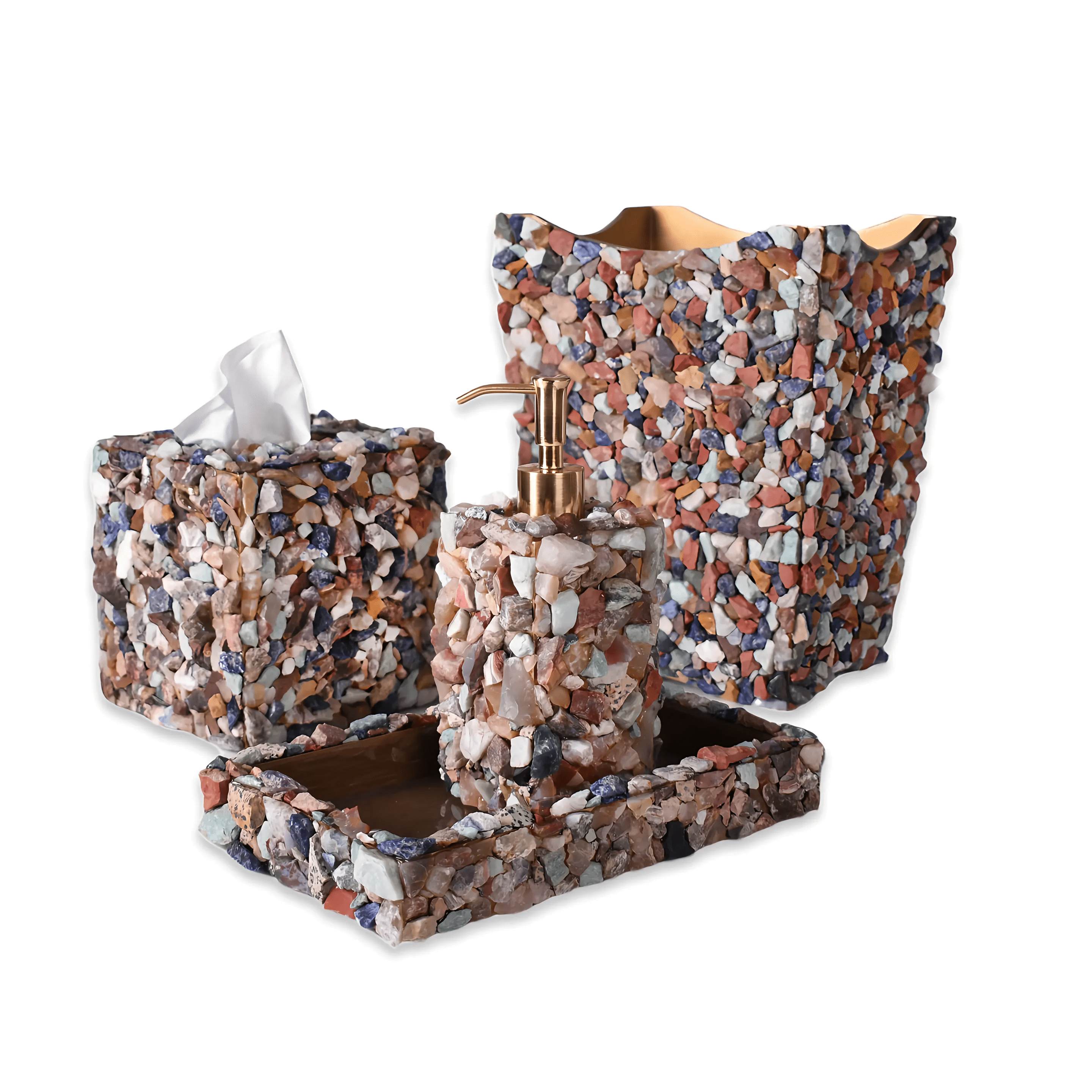Bath set with embedded natural gemstones.