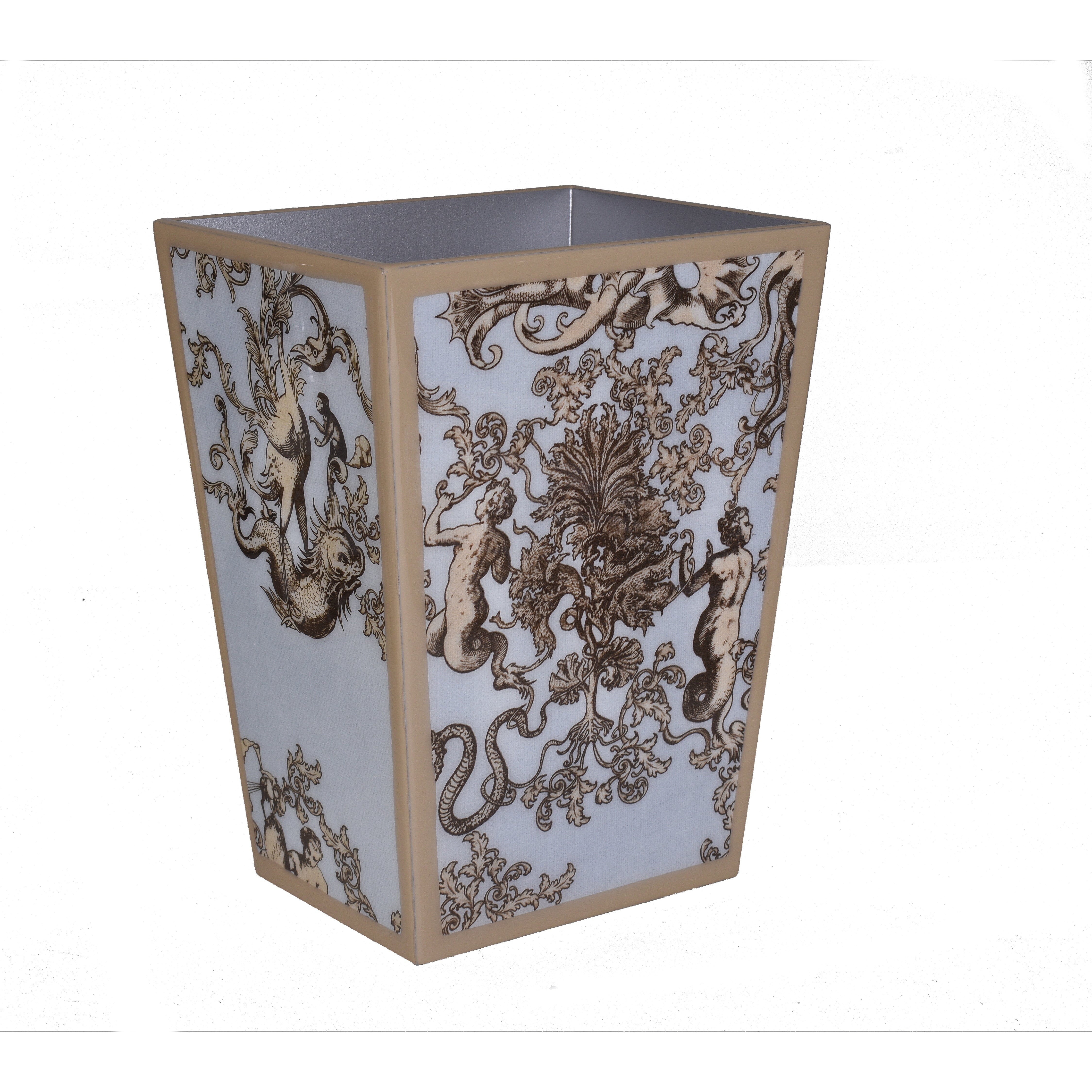 fantastical sea character print on wastebasket with liner.