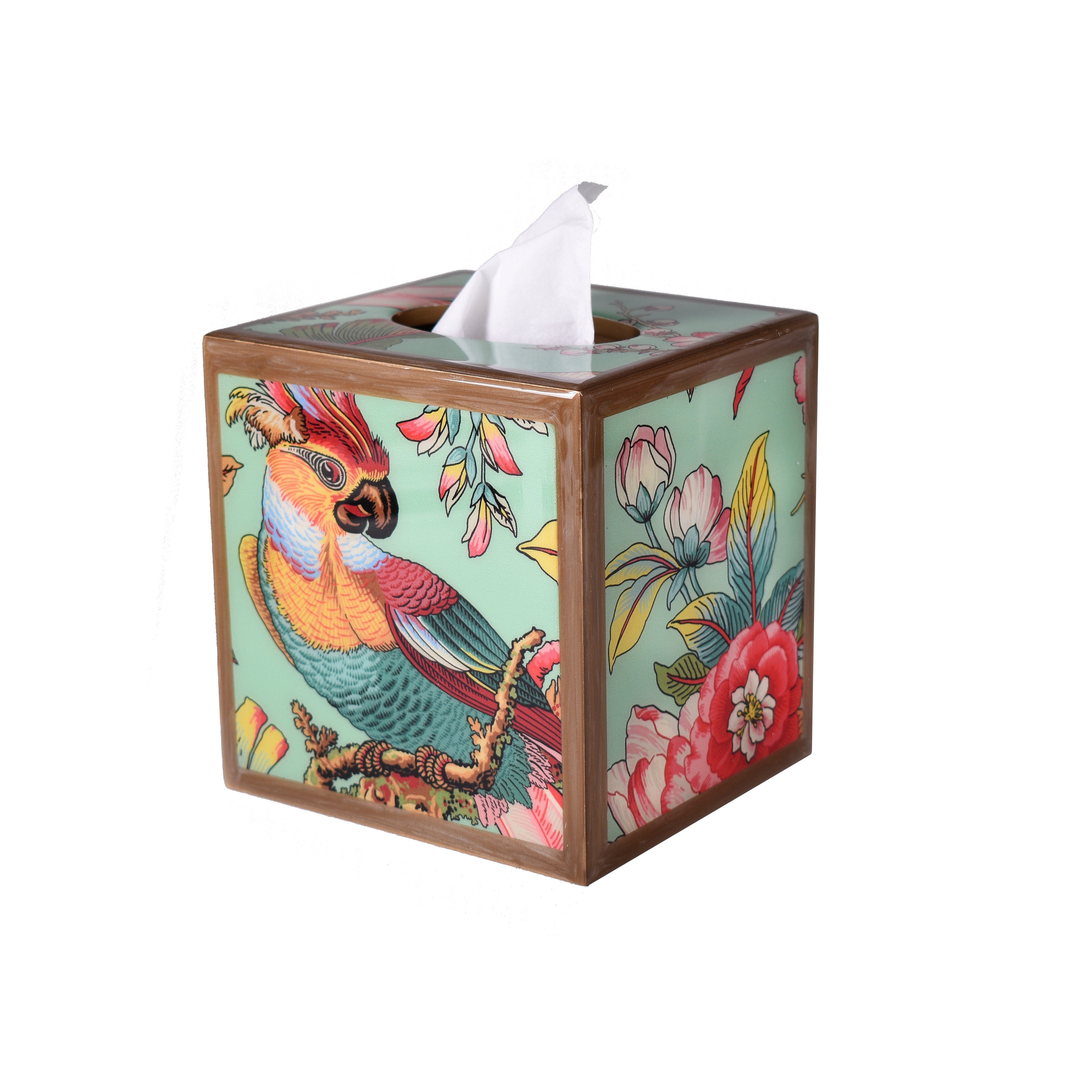 Tissue box cover with a colorful parrot design on a white background