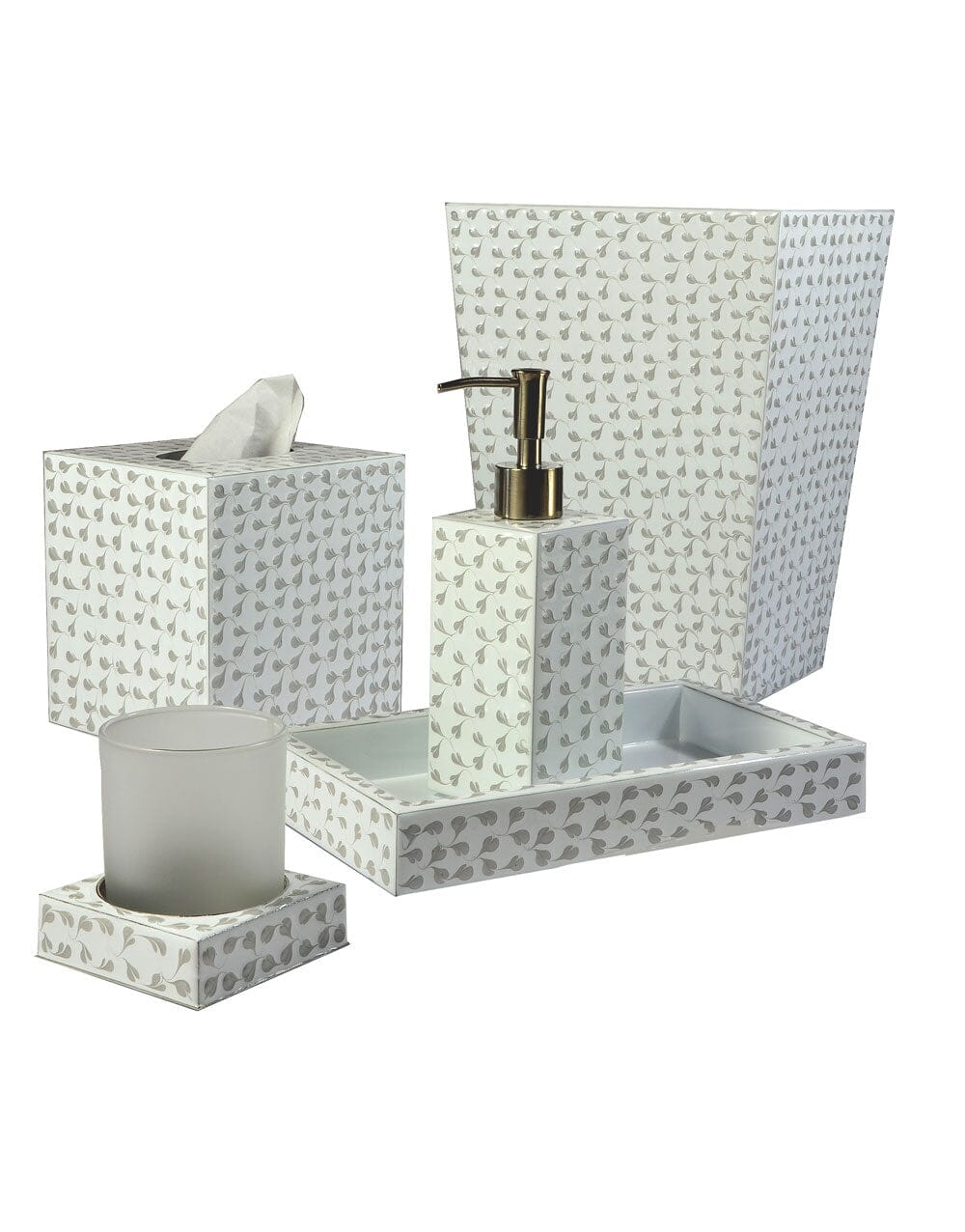 Five piece bath set with floral motif on all sides.