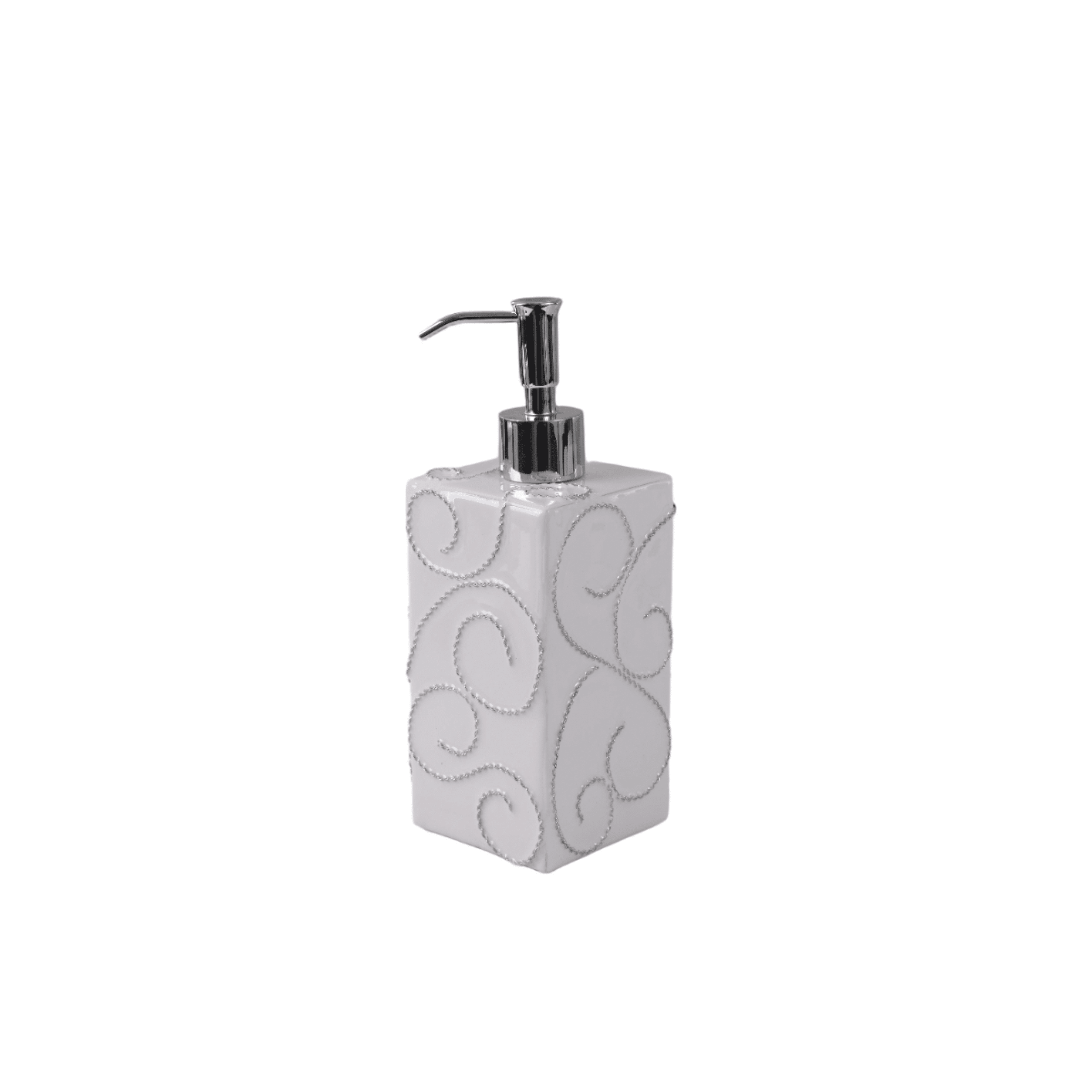 Box lotion pump with metal swirl ornaments