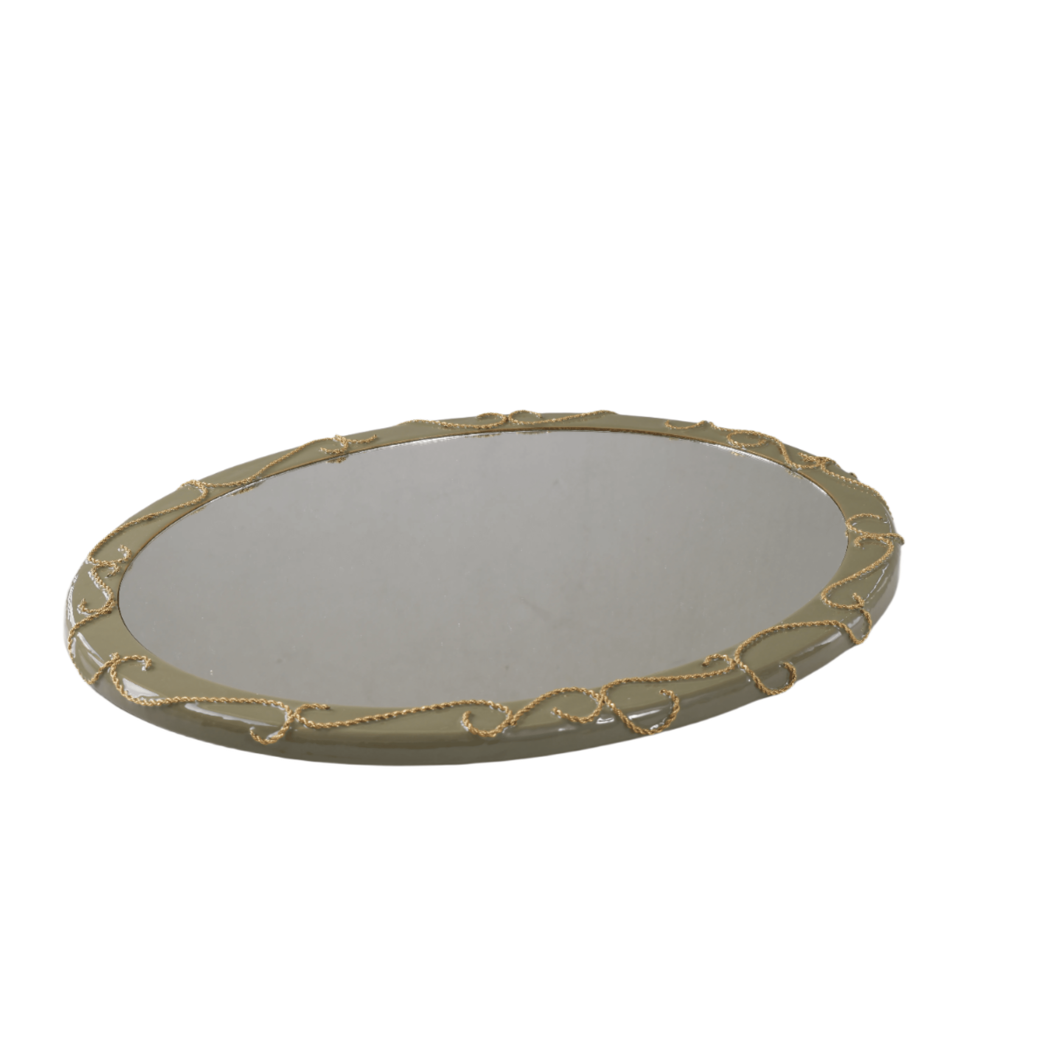 Oval vanity tray with mirror and metal ornaments