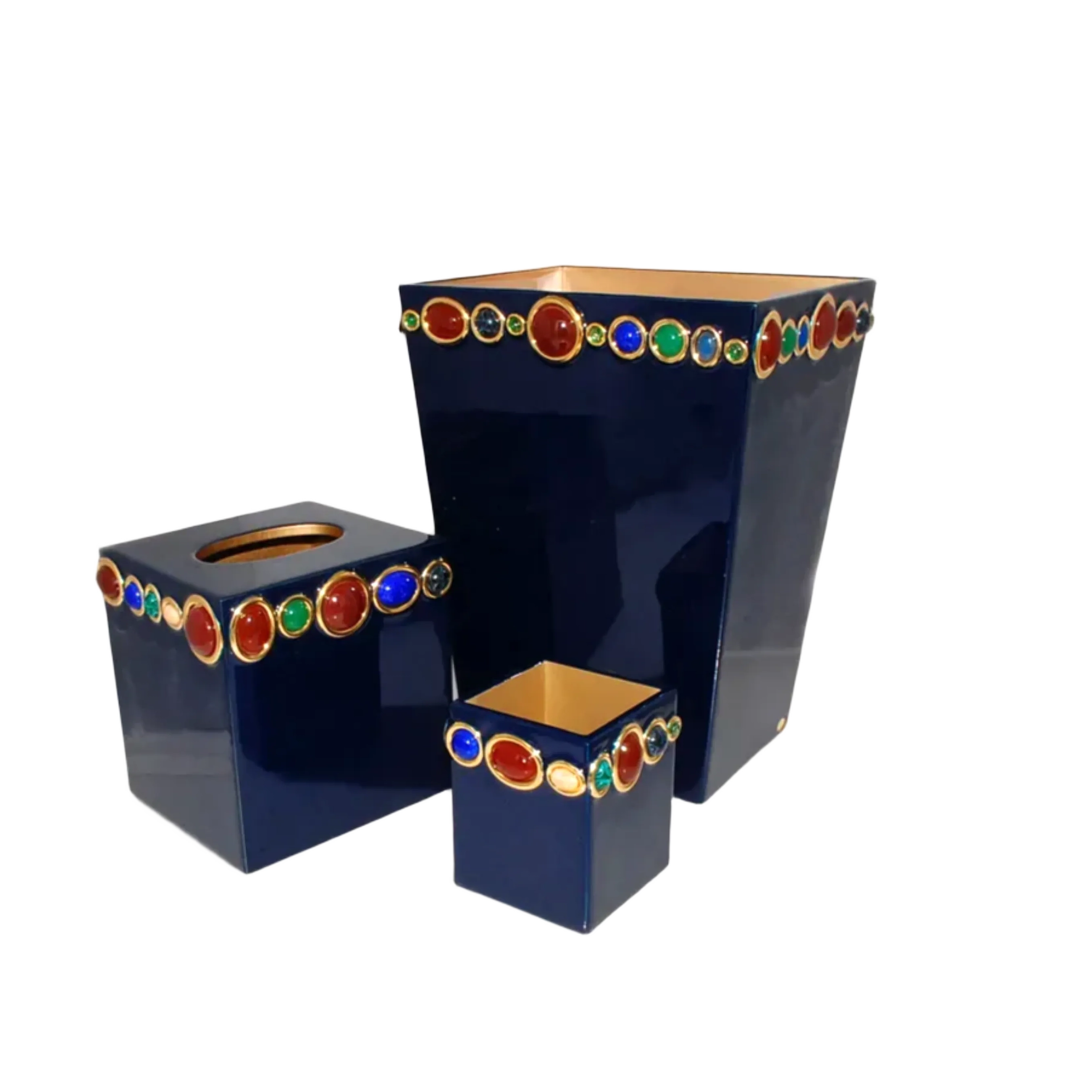 Set of three blue decorative items with colorful cabochon accents on a white background