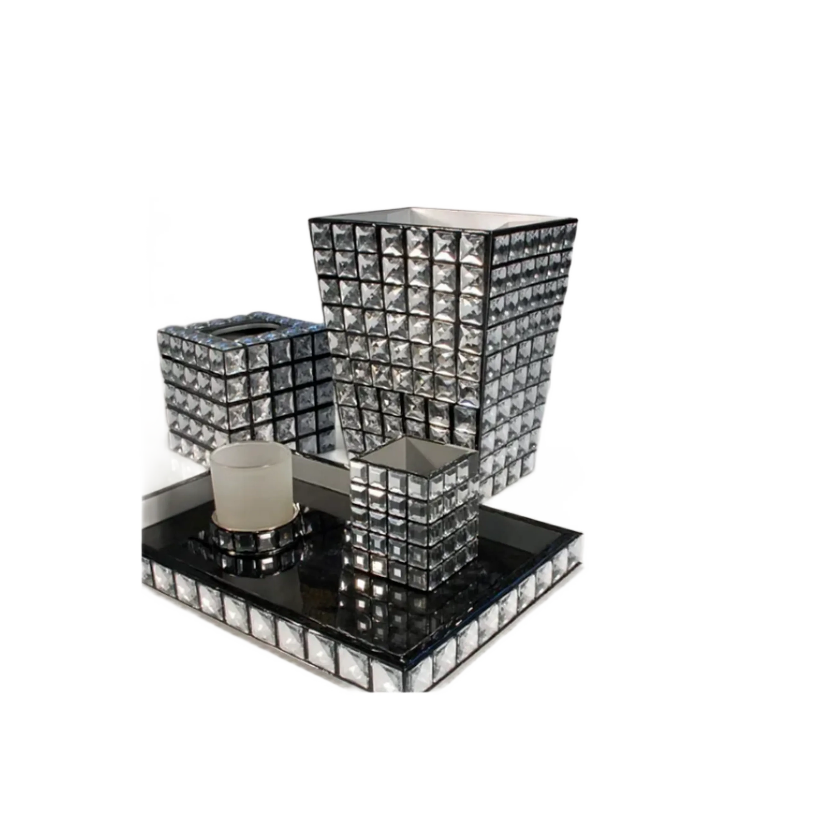 Bath set adorned with mirrored tiles