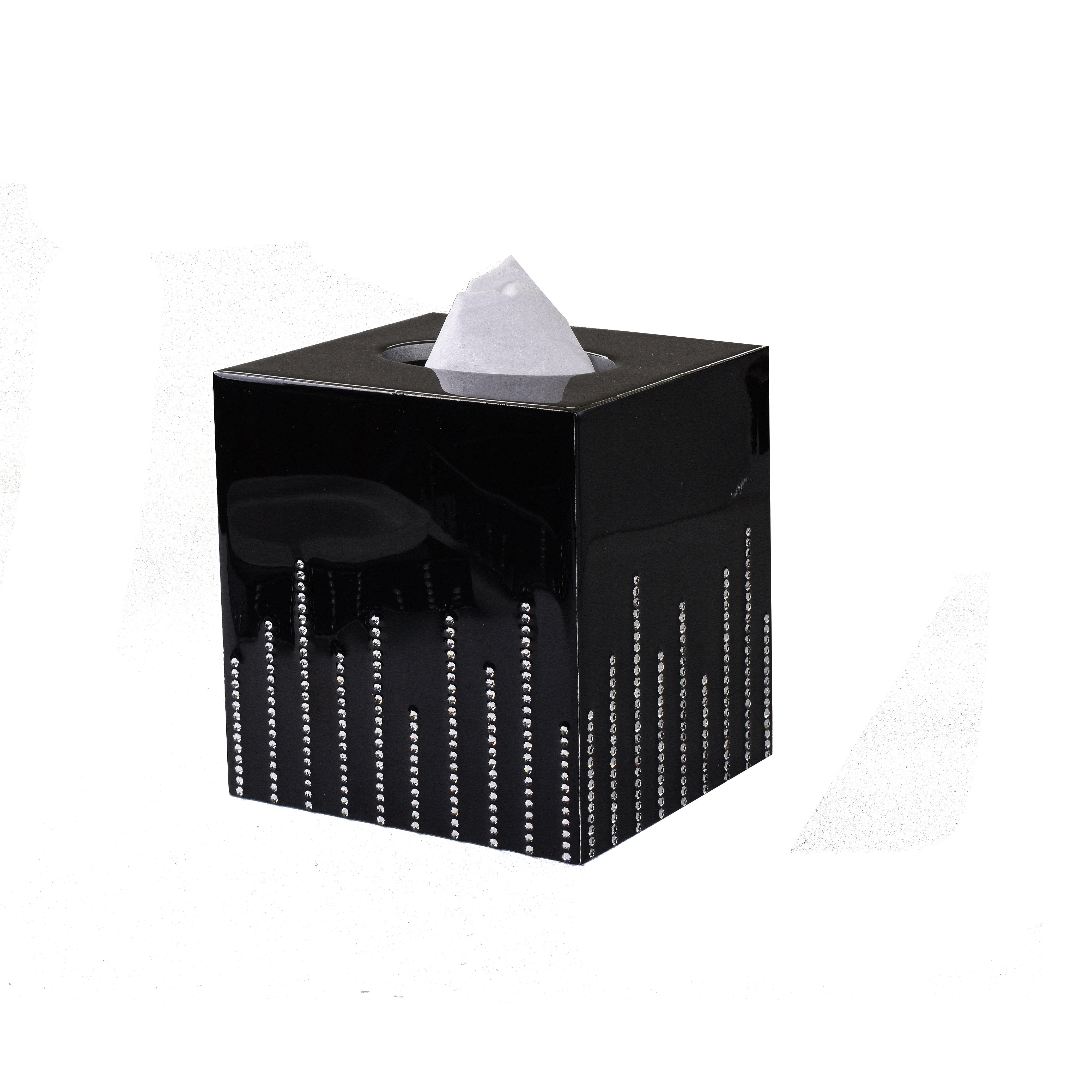Tissue box with linear pattern of crystals