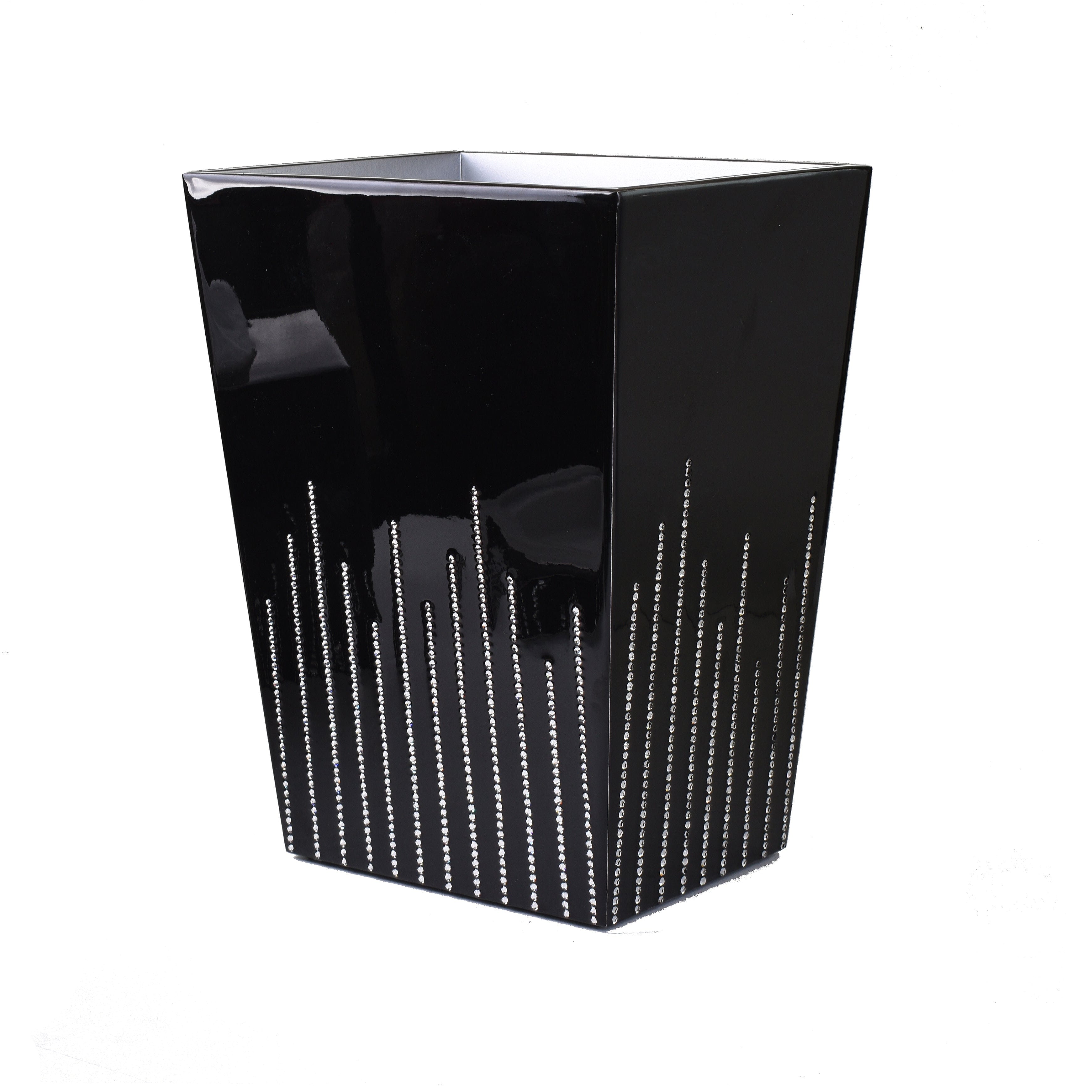Black wastebasket adorned with crystals