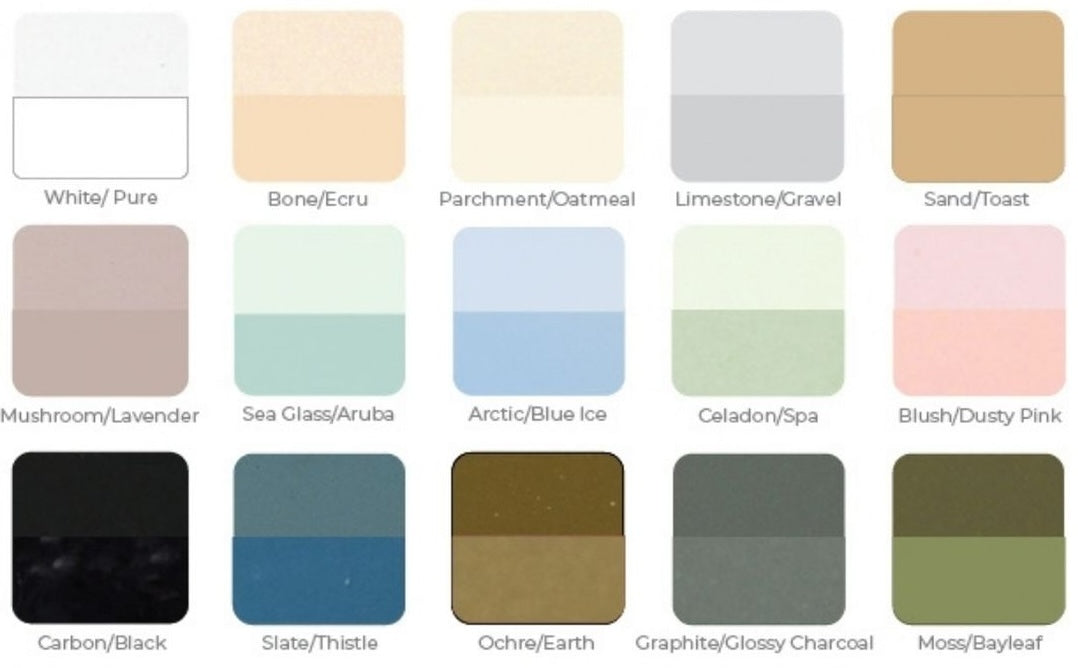 A color swatch chart showing multiple material/color options arranged in a grid, including White/Pure, Bone/Ecru, Parchment/Oatmeal, Limestone/Gravel, Sand/Toast, Mushroom/Lavender, Sea Glass/Aruba, Arctic/Blue Ice, Celadon/Spa, Blush/Dusty Pink, Carbon/Black, Slate/Thistle, Ochre/Earth, Graphite/Glossy Charcoal, and Moss/Bayley.
