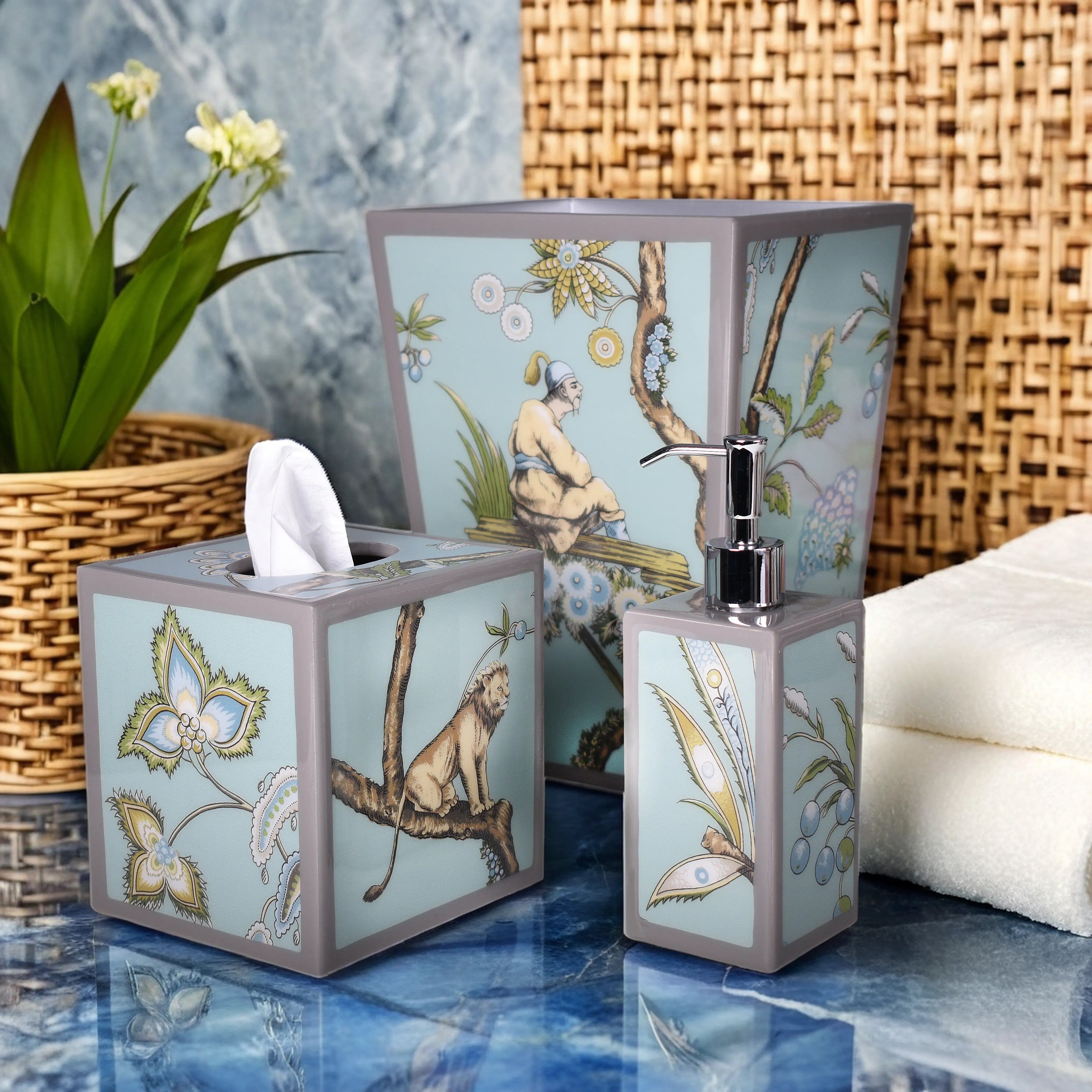 Wallpaper bath accessories collection in home setting
