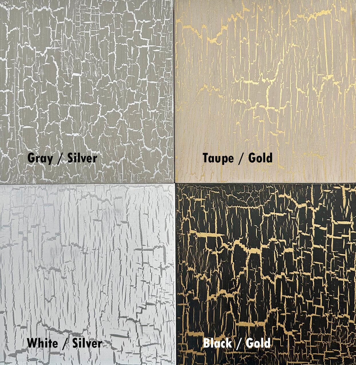 Assorted distressed wood colors; gray, taupe, white and balck.