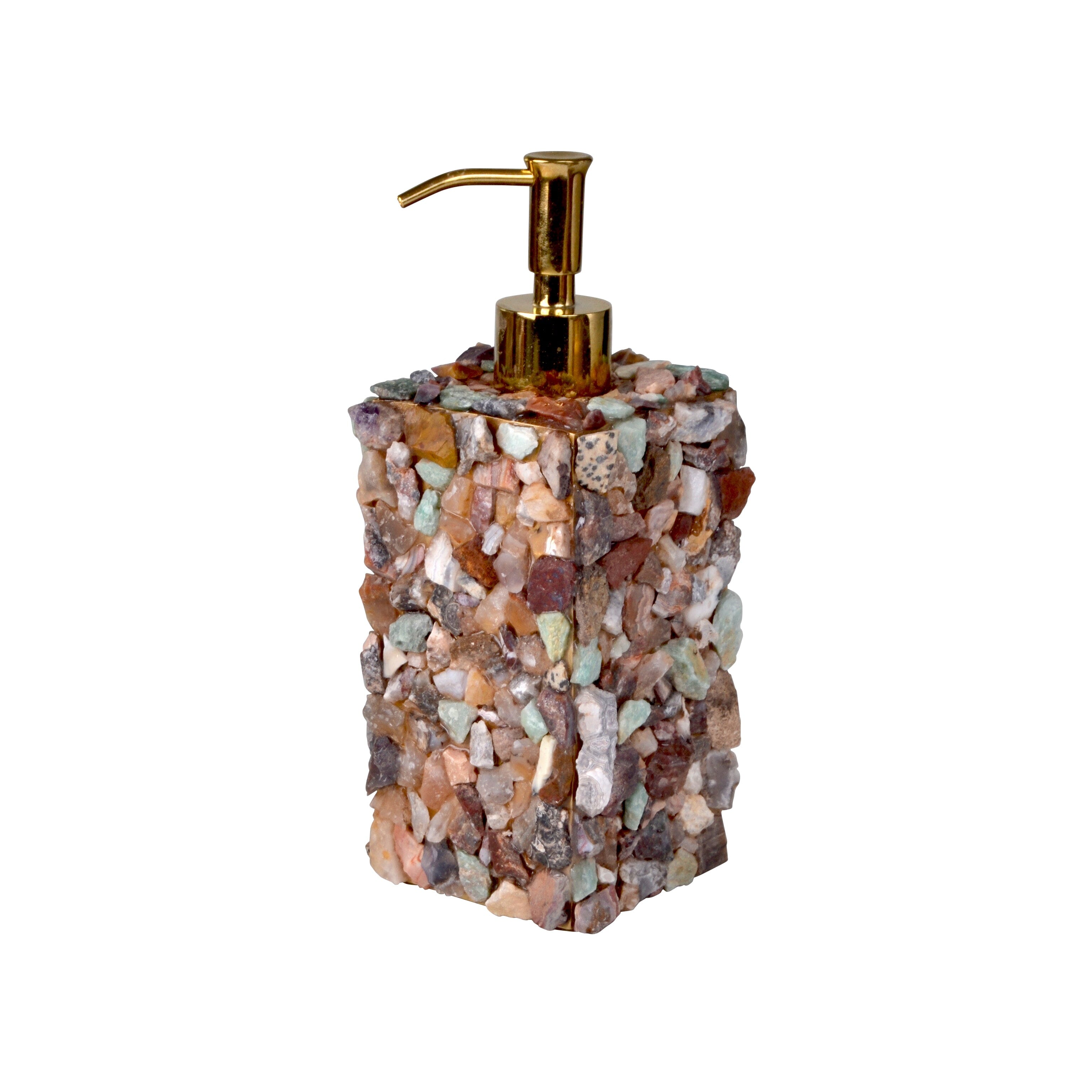 Box pump adorned with assorted, unpolished, semi-precious gemstones.