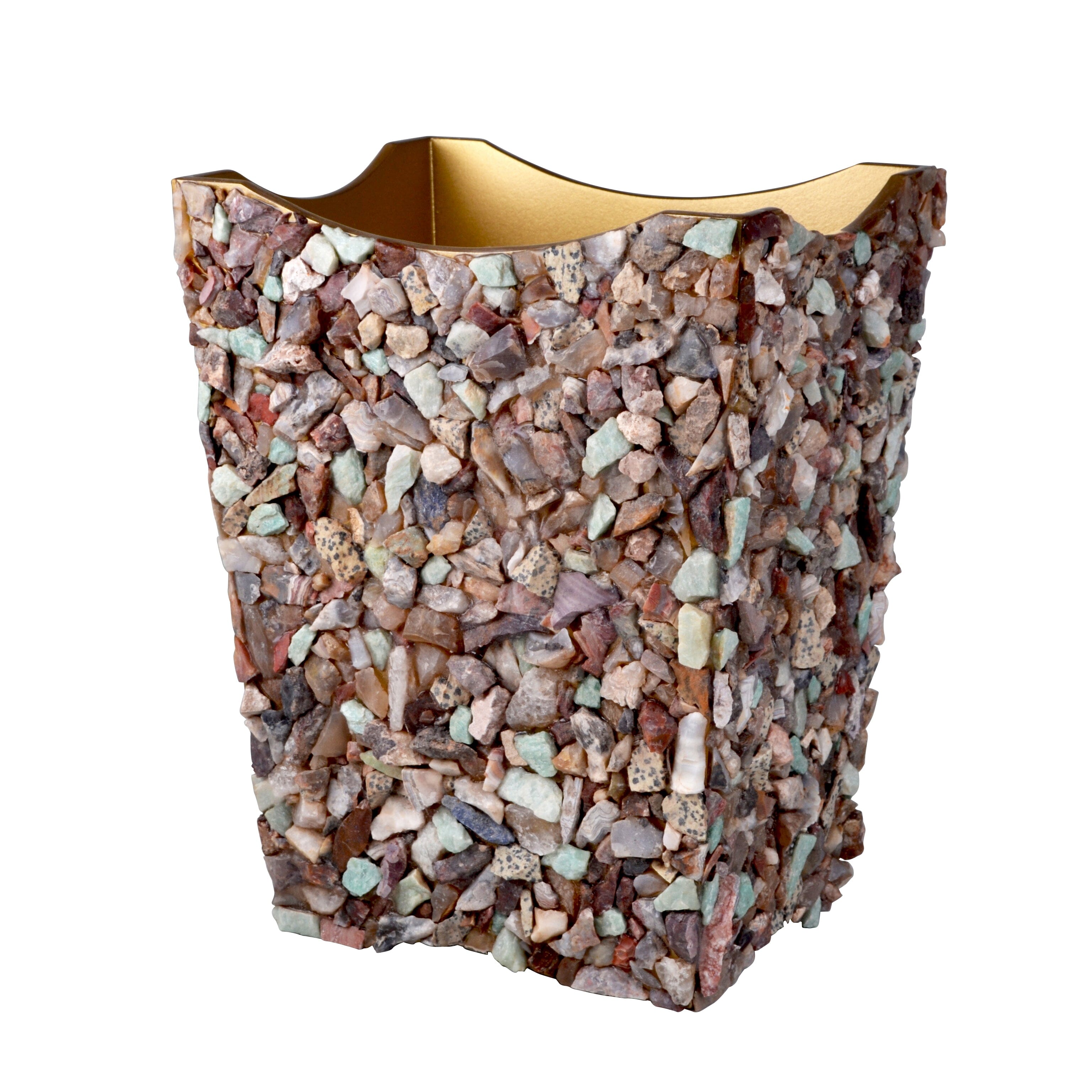Scalloped wastebasket embellished with assorted, unpolished, semi-precious gemstones. Includes reusable liner.