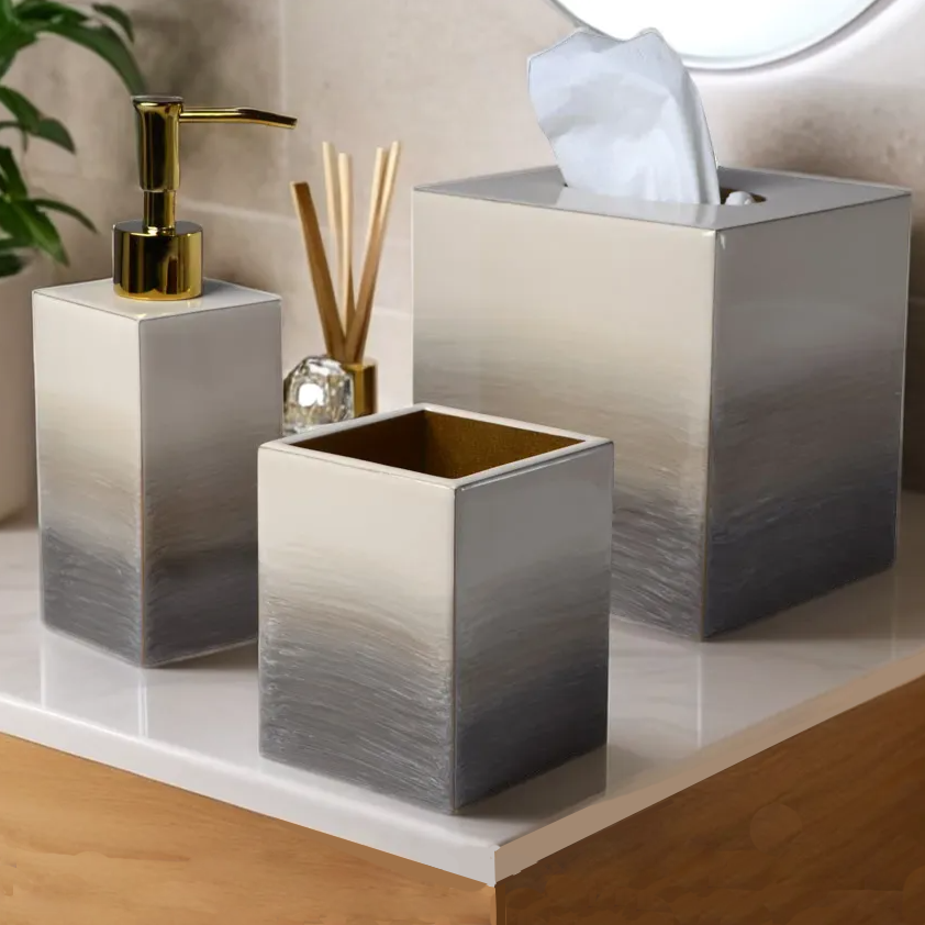 Ombre Bathroom accessories displayed in bathroom