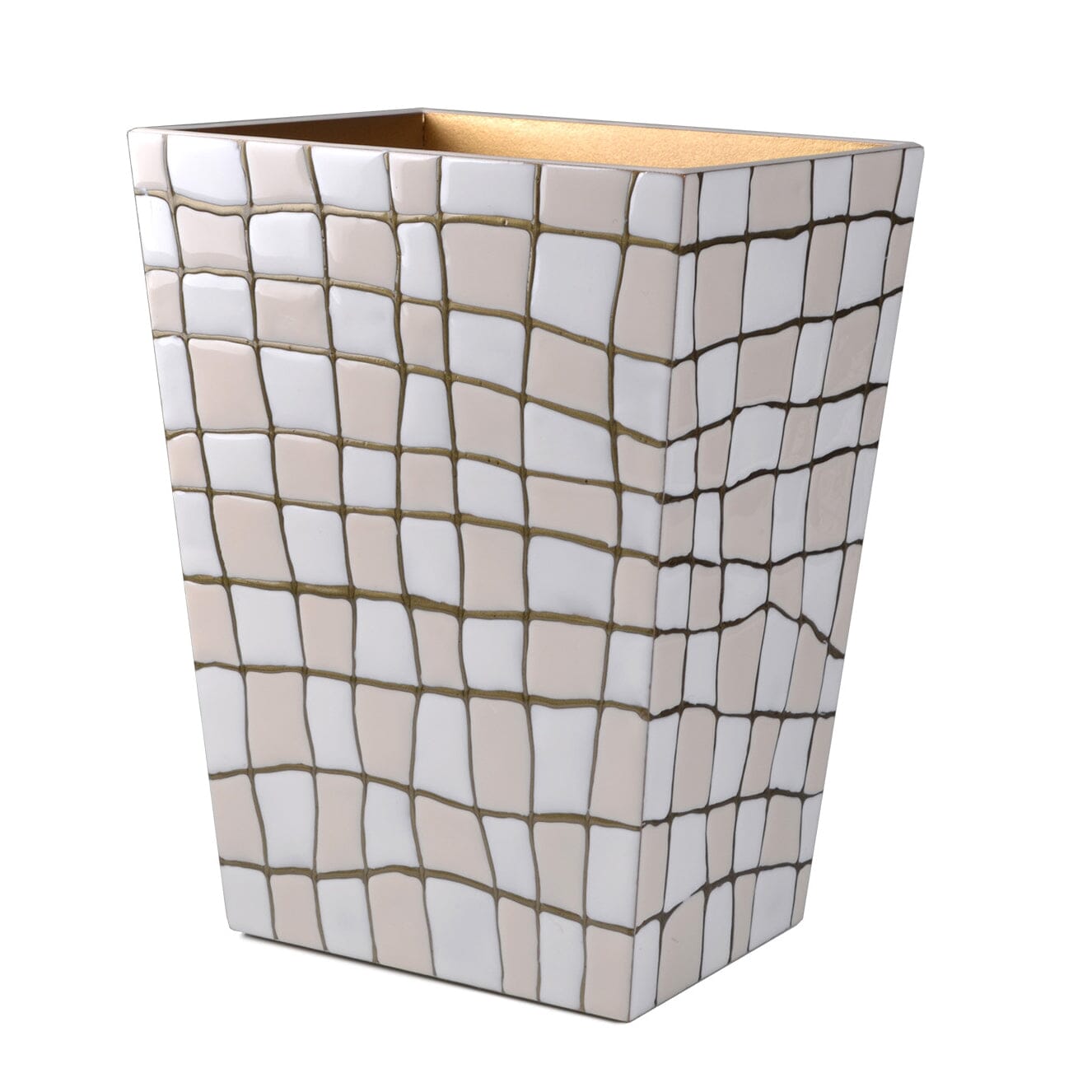 Quattro Straight Wastebasket hand enameled in abstract check