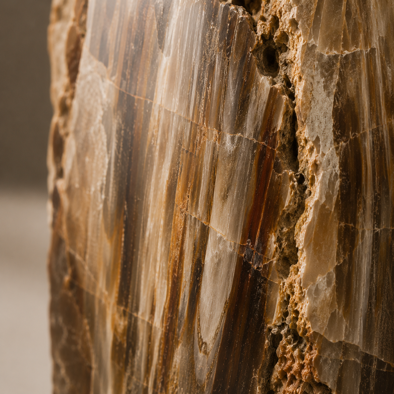Close-up of a petrified wood or stone section showing layered wood grain in warm brown, tan, cream, and amber tones with a rough natural texture.