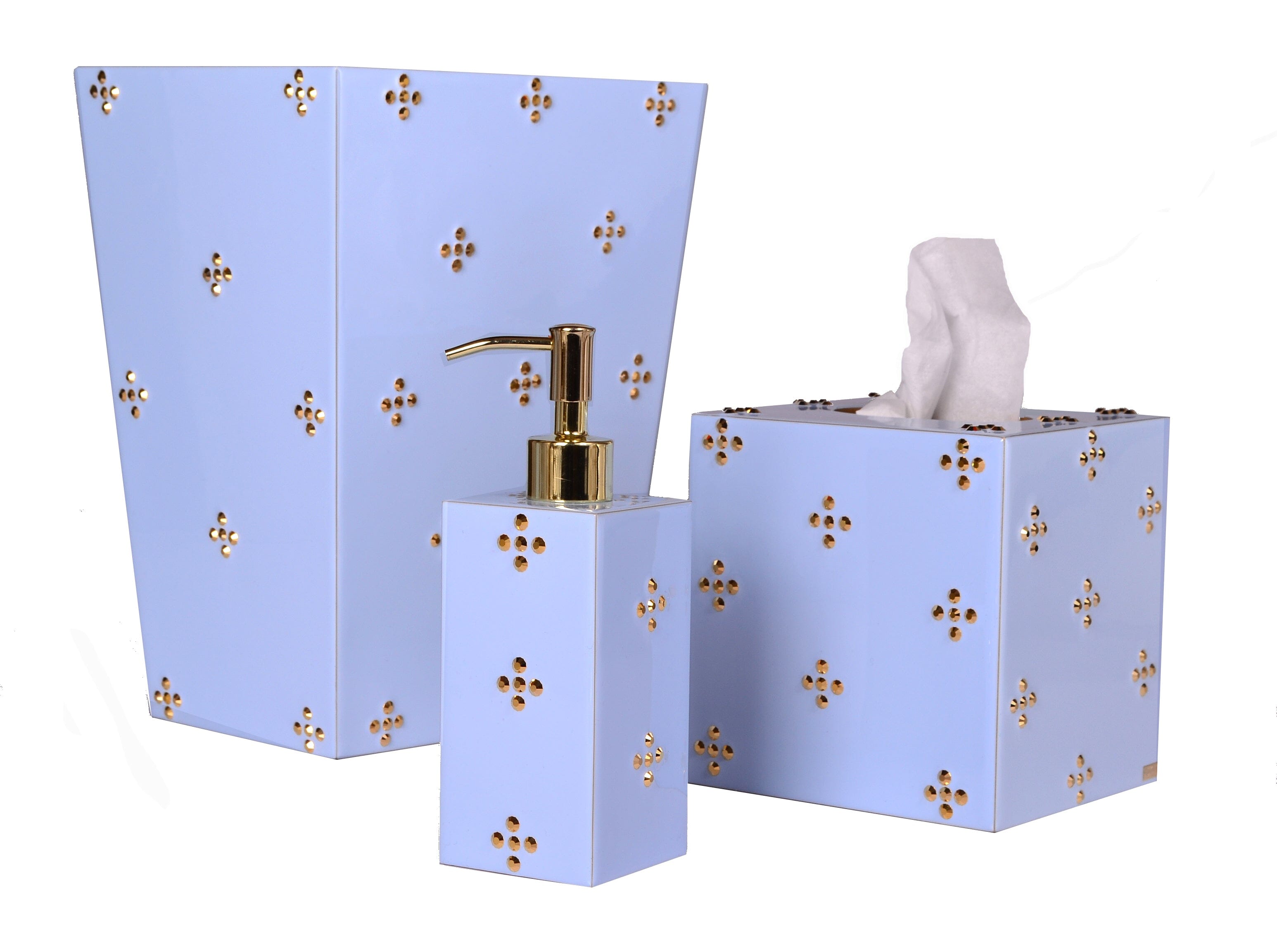 Ice blue bath set with symmetric metallic crystals.