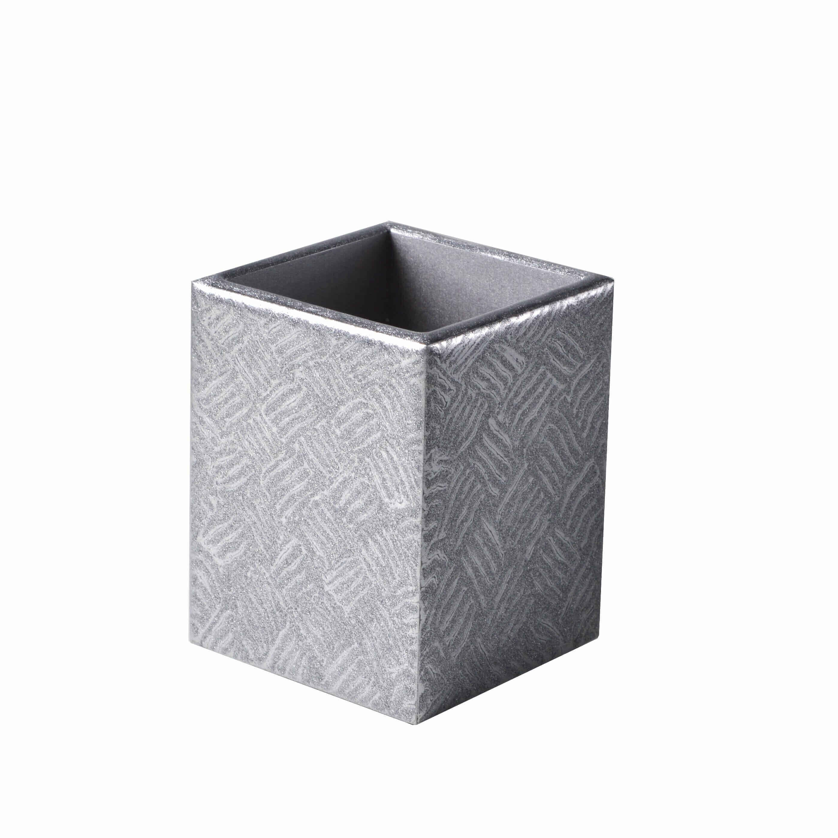 Tilly make up brush holder hand enameled in silver metallic basketweave pattern