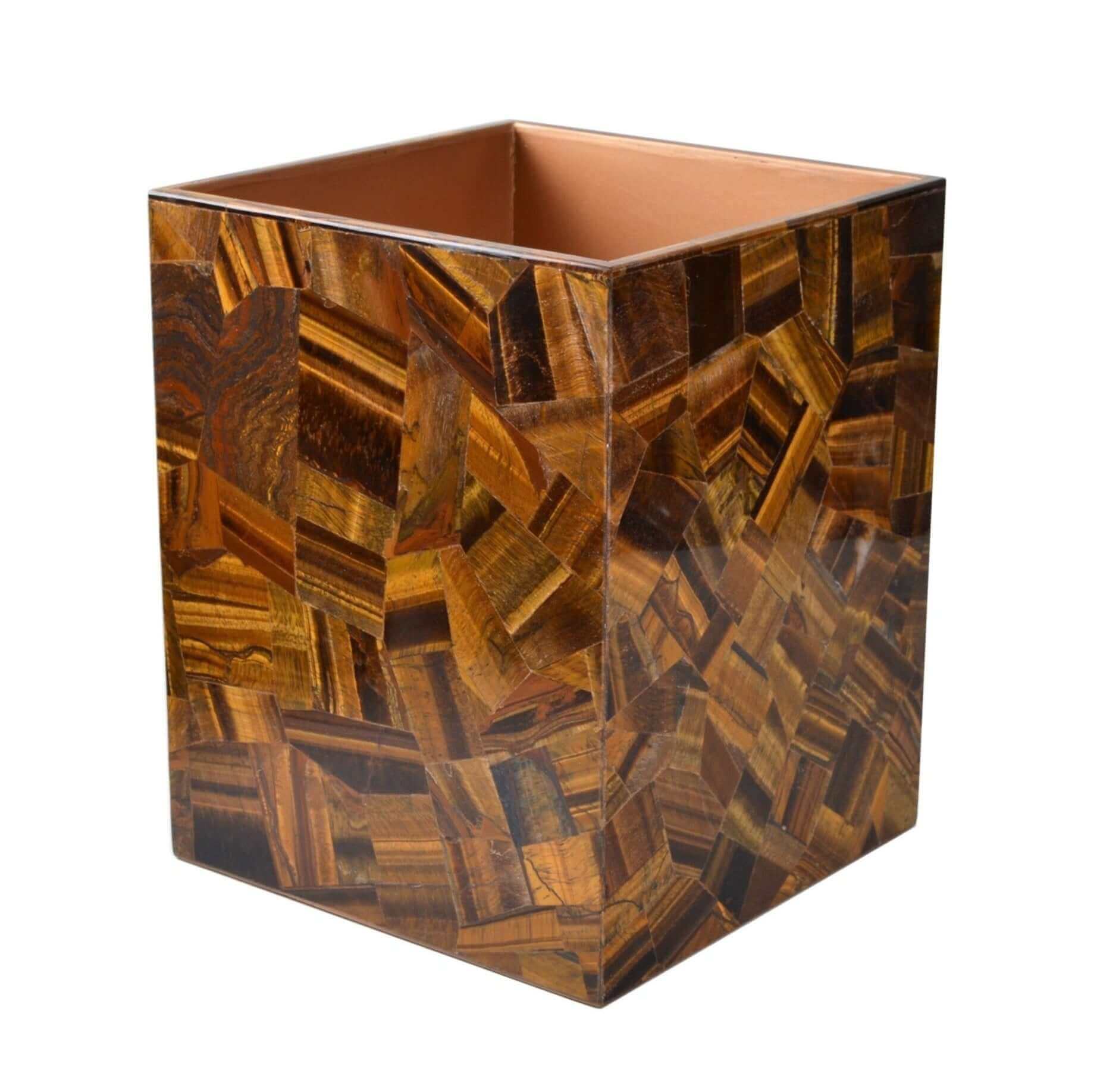 Tiger Eye gemstone placed in a random pattern. Large square wastebasket for the luxury bathroom suite or elegant bedroom interior. Includes plastic liner