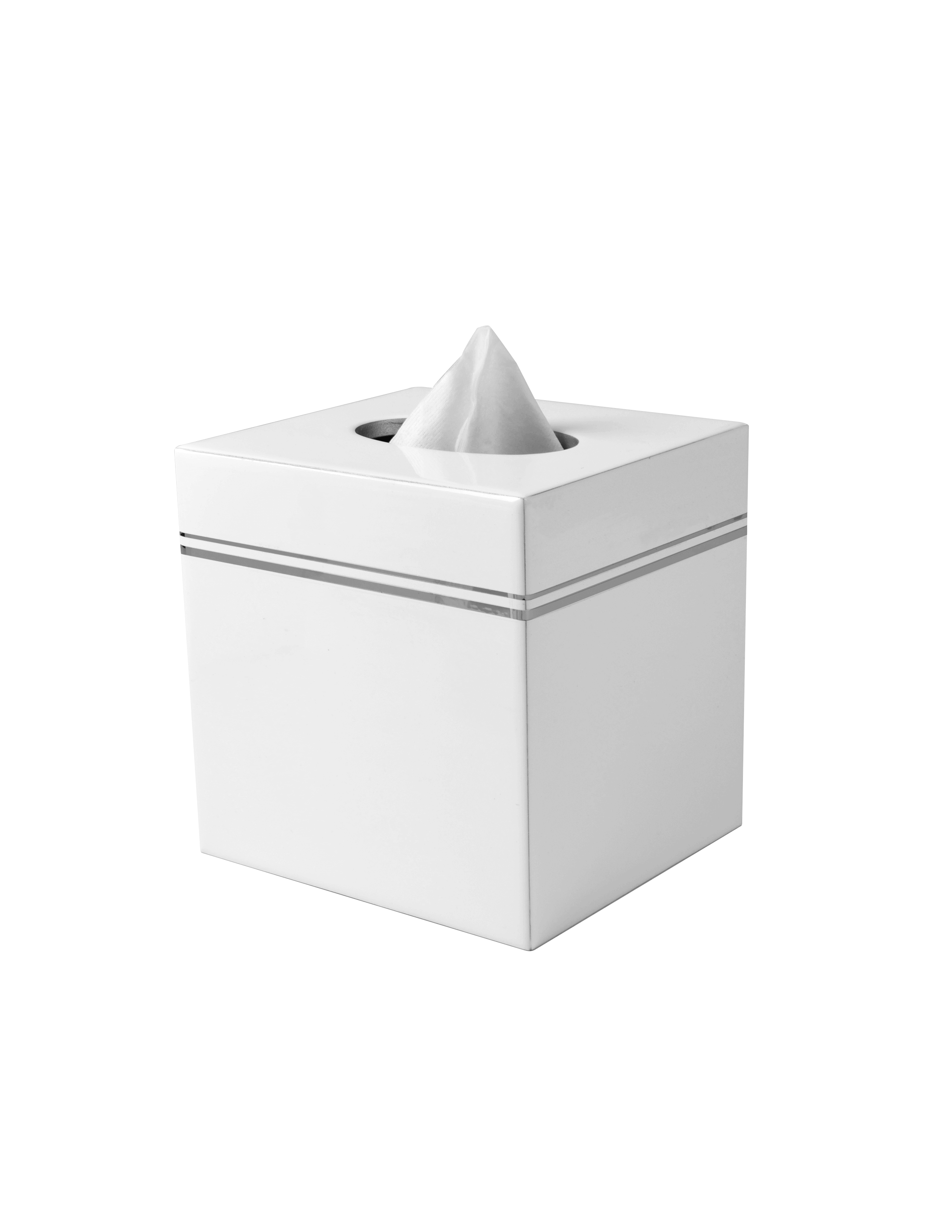 Resort Tissue box cover in white color with silver pinstripe