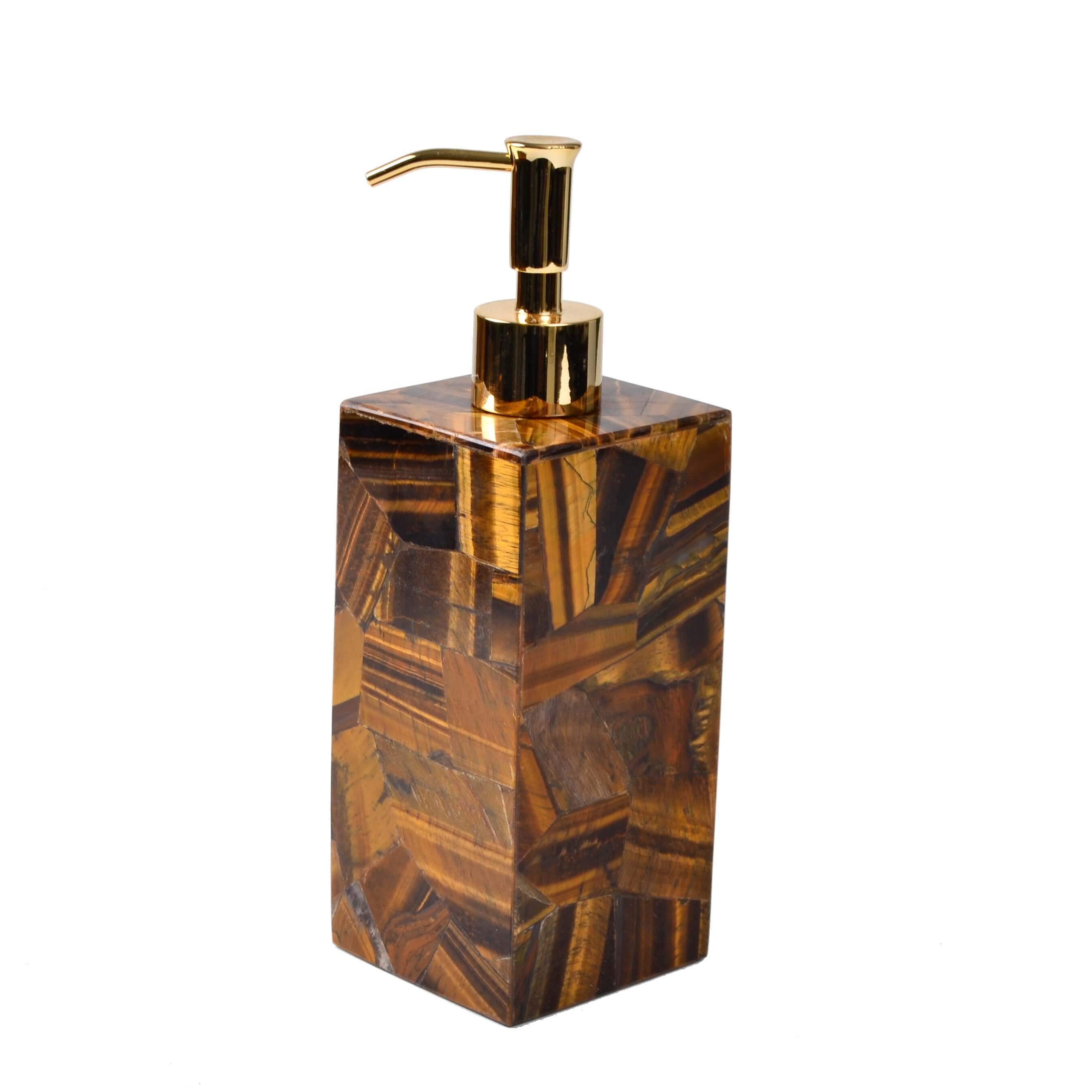 Tiger Eye gemstone placed in a random pattern. Box lotion pump that makes an elegant statement in the powder room or bathroom suite.