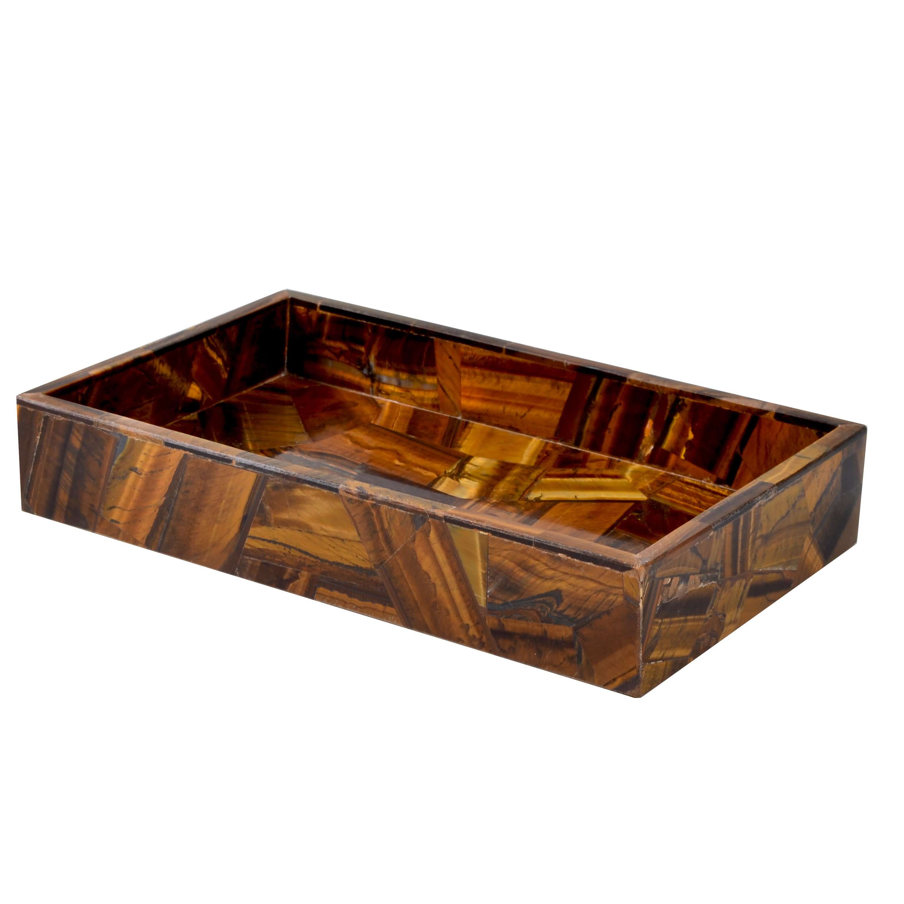 Tiger Eye gemstone placed in a random pattern. Small tray that can used either as a flat towel holder or vanity tray.